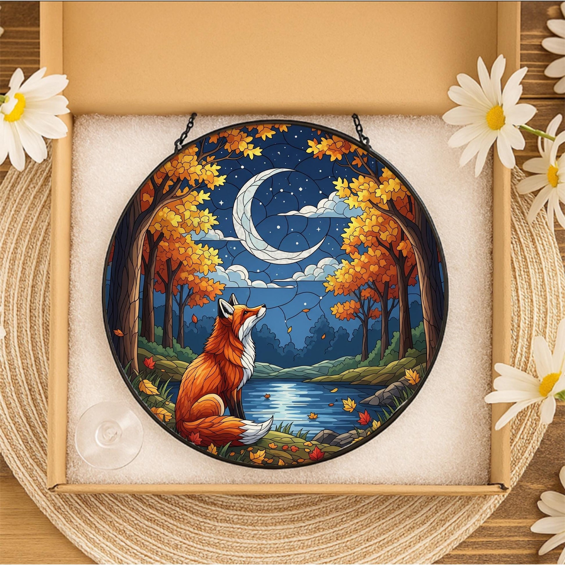 Fox and Moon Glass Suncatcher | Autumn Forest Window Hanging | Fall Crescent Moon Decor | Woodland Animal Glass Art Panel