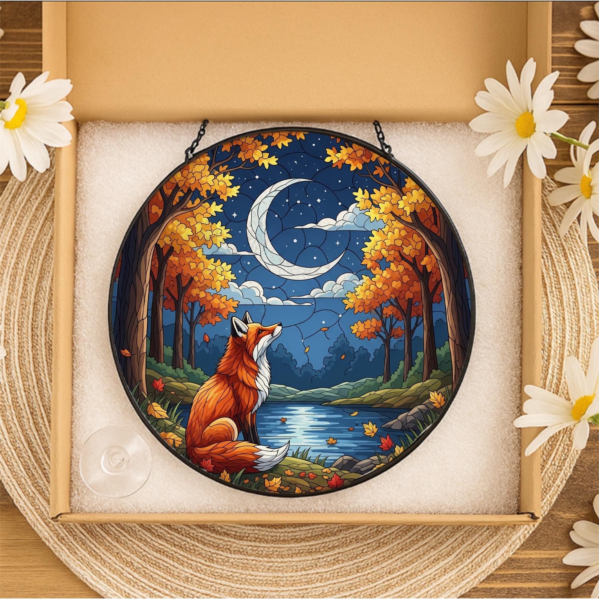 Fox and Moon Glass Suncatcher | Autumn Forest Window Hanging | Fall Crescent Moon Decor | Woodland Animal Glass Art Panel