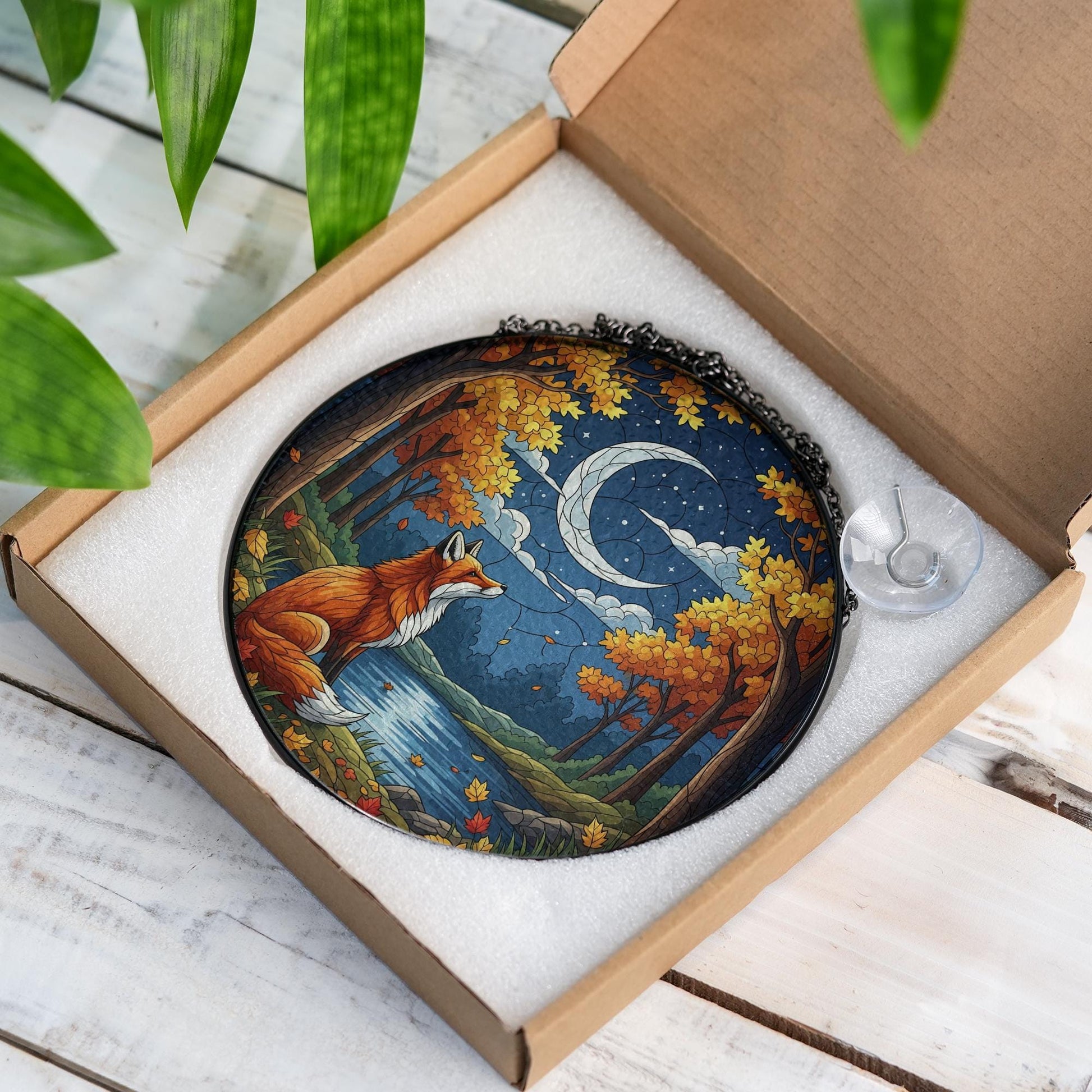 Fox and Moon Glass Suncatcher | Autumn Forest Window Hanging | Fall Crescent Moon Decor | Woodland Animal Glass Art Panel