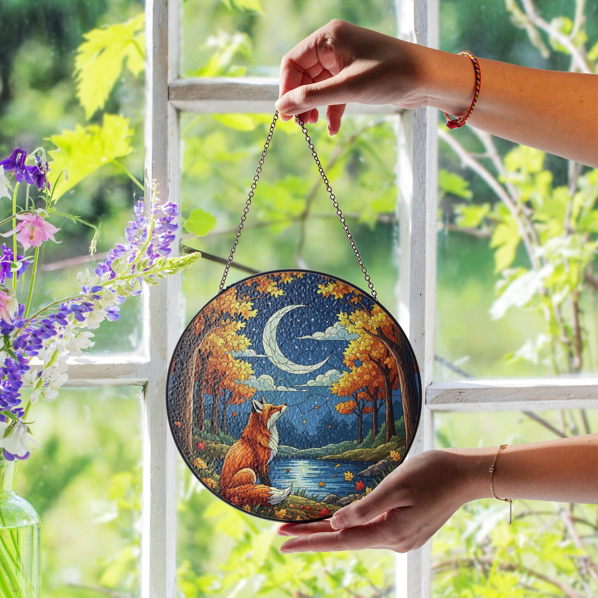 Fox and Moon Glass Suncatcher | Autumn Forest Window Hanging | Fall Crescent Moon Decor | Woodland Animal Glass Art Panel