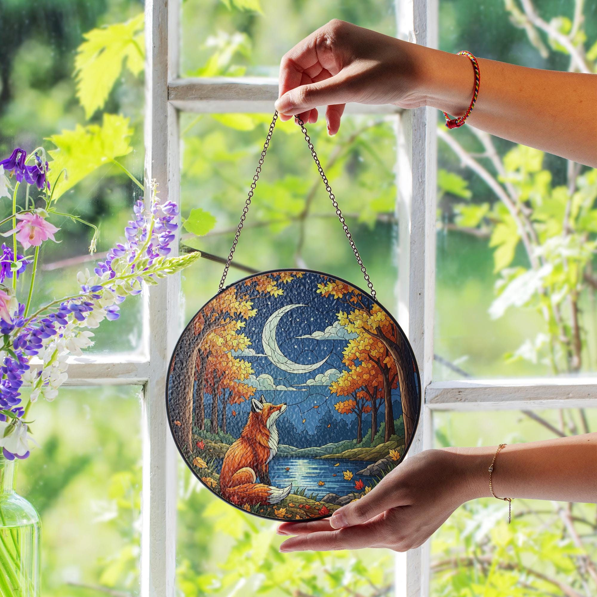 Fox and Moon Glass Suncatcher | Autumn Forest Window Hanging | Fall Crescent Moon Decor | Woodland Animal Glass Art Panel