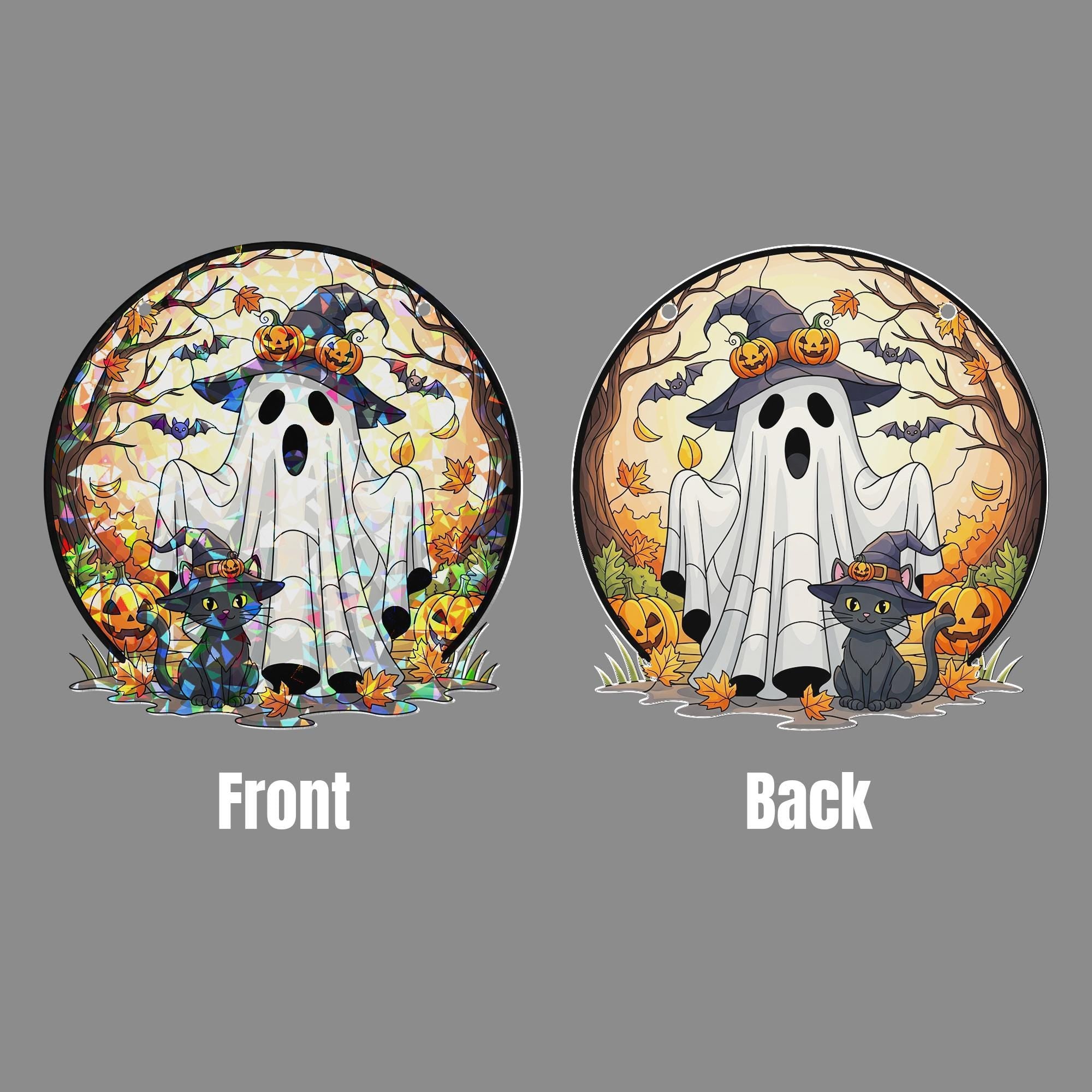 Halloween Ghost Acrylic Window Hanging | Fall Cat & Pumpkin Suncatcher | Spooky Autumn Decor | Witch Hat Ghost Sun Catcher
