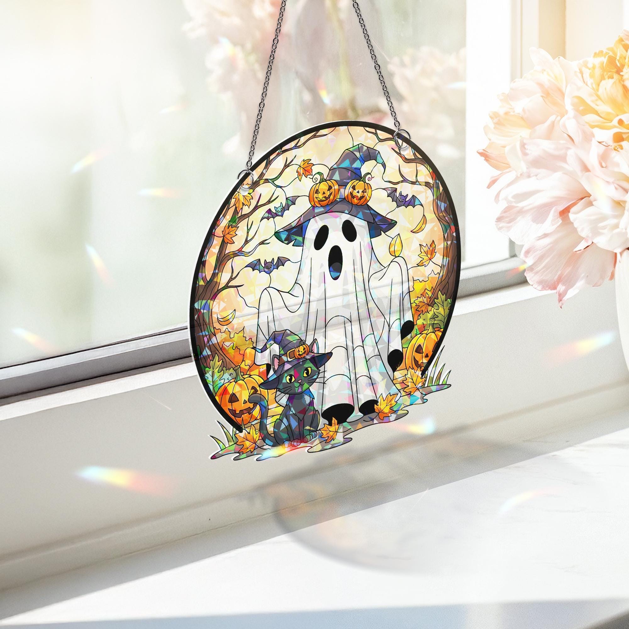 Halloween Ghost Acrylic Window Hanging | Fall Cat & Pumpkin Suncatcher | Spooky Autumn Decor | Witch Hat Ghost Sun Catcher