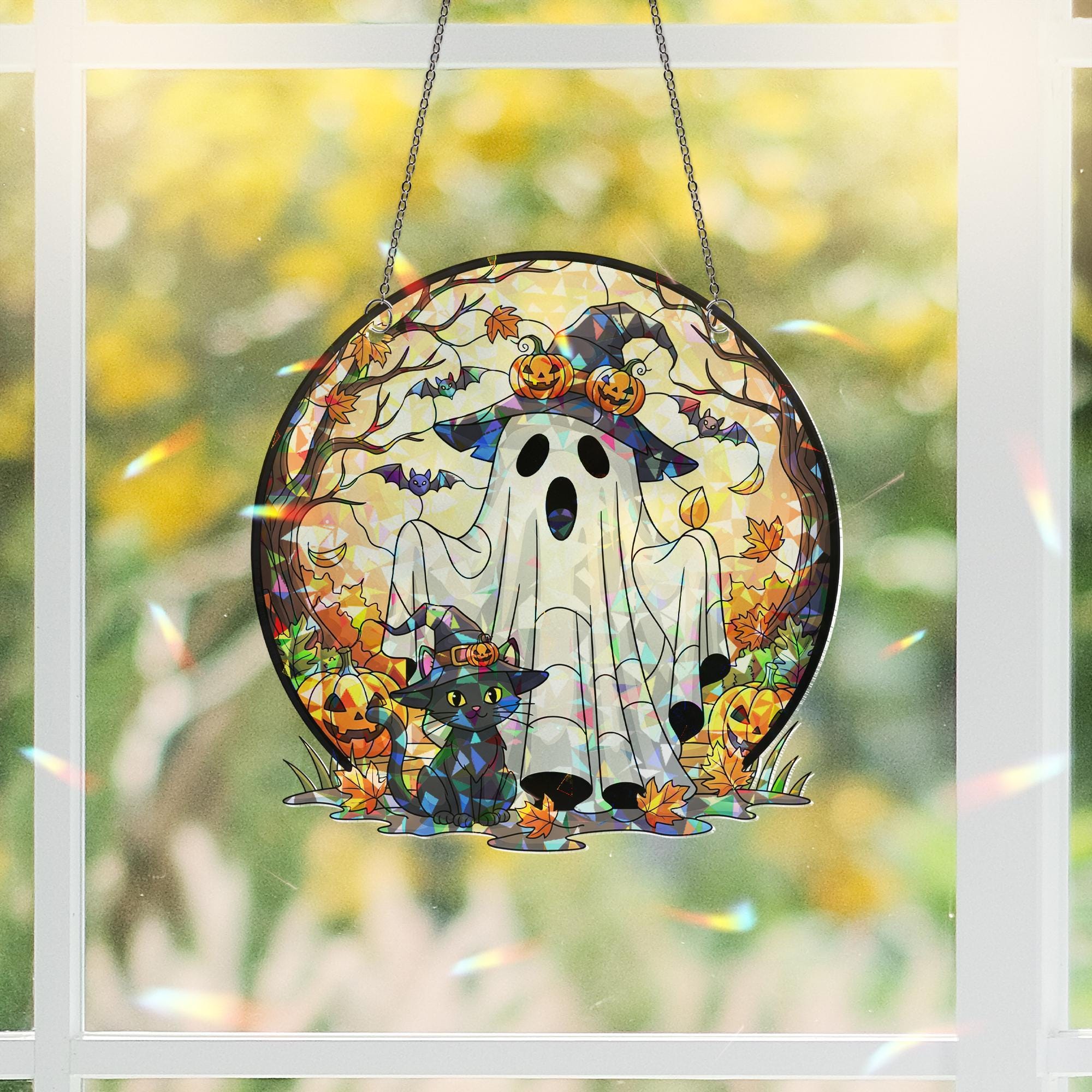 Halloween Ghost Acrylic Window Hanging | Fall Cat & Pumpkin Suncatcher | Spooky Autumn Decor | Witch Hat Ghost Sun Catcher