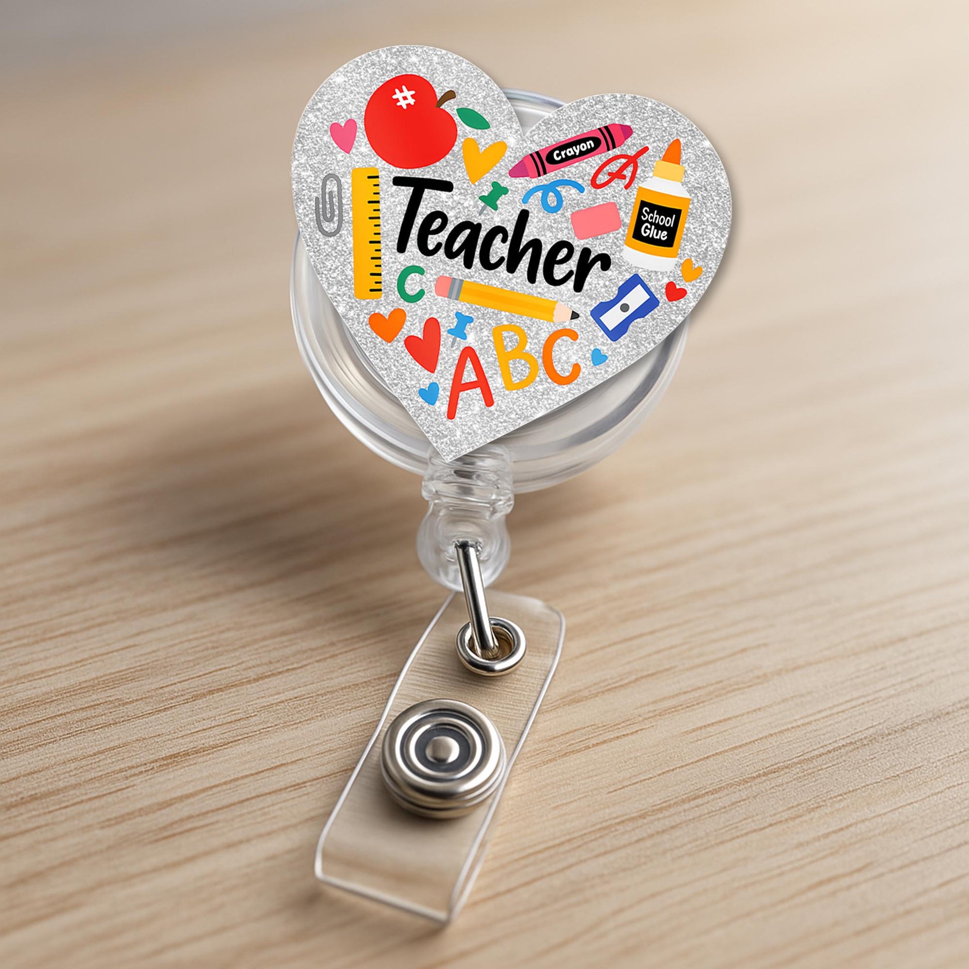 Teacher Heart Badge Reel | Back to School ID Holder | Cute Glitter Teacher Gift | ABC Crayon Retractable Name Tag Clip