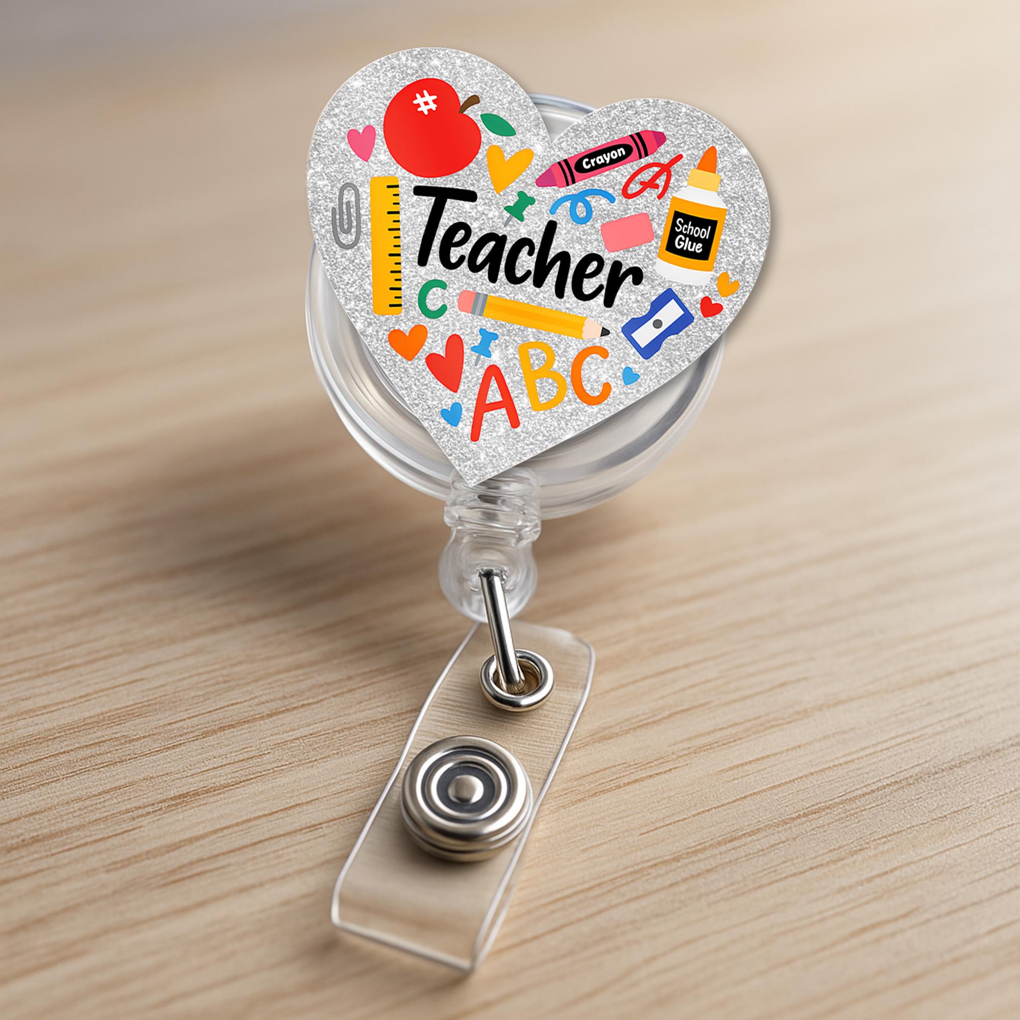 Teacher Heart Badge Reel | Back to School ID Holder | Cute Glitter Teacher Gift | ABC Crayon Retractable Name Tag Clip