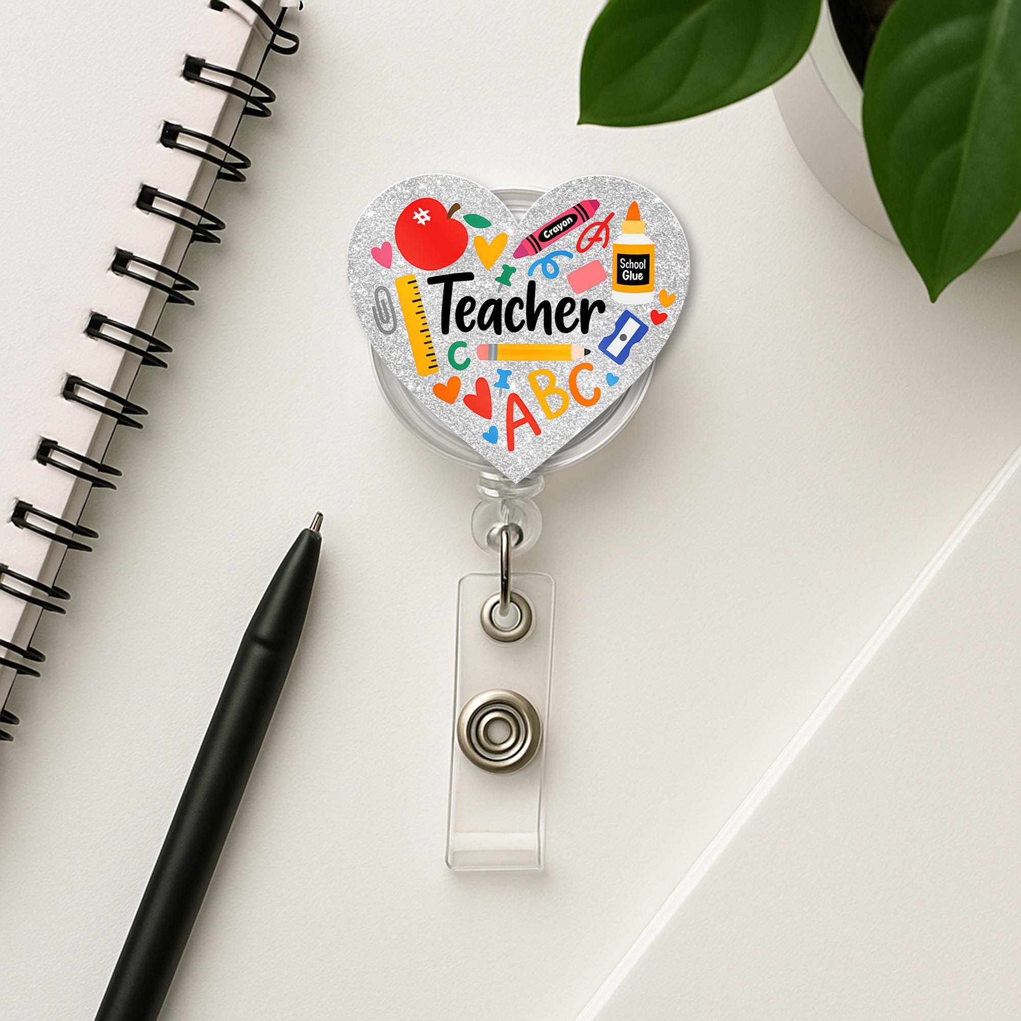 Teacher Heart Badge Reel | Back to School ID Holder | Cute Glitter Teacher Gift | ABC Crayon Retractable Name Tag Clip