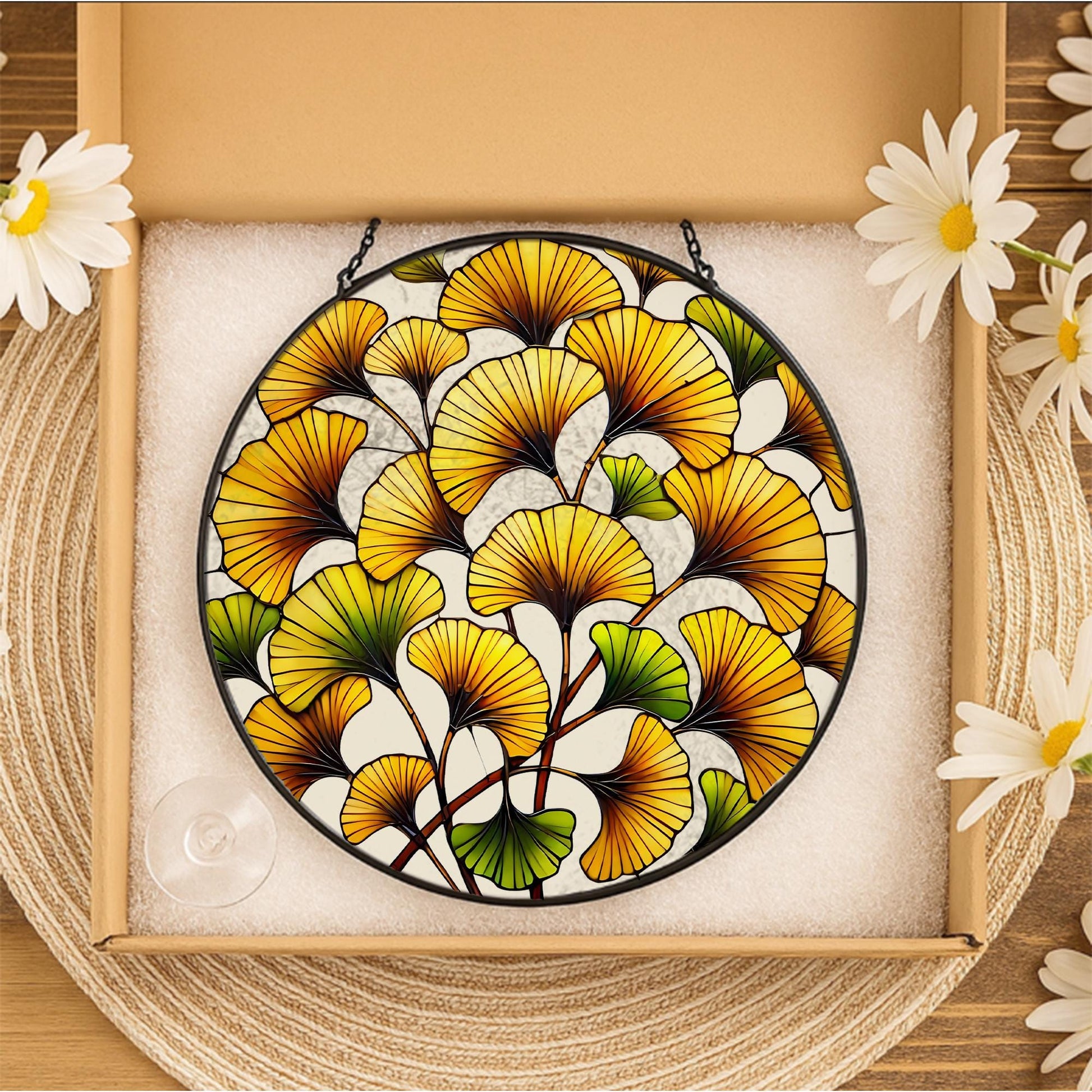 Ginkgo Leaf Glass Suncatcher | Autumn Stained Glass Window Hanging | Fall Home Decor | Yellow Botanical Nature Gift
