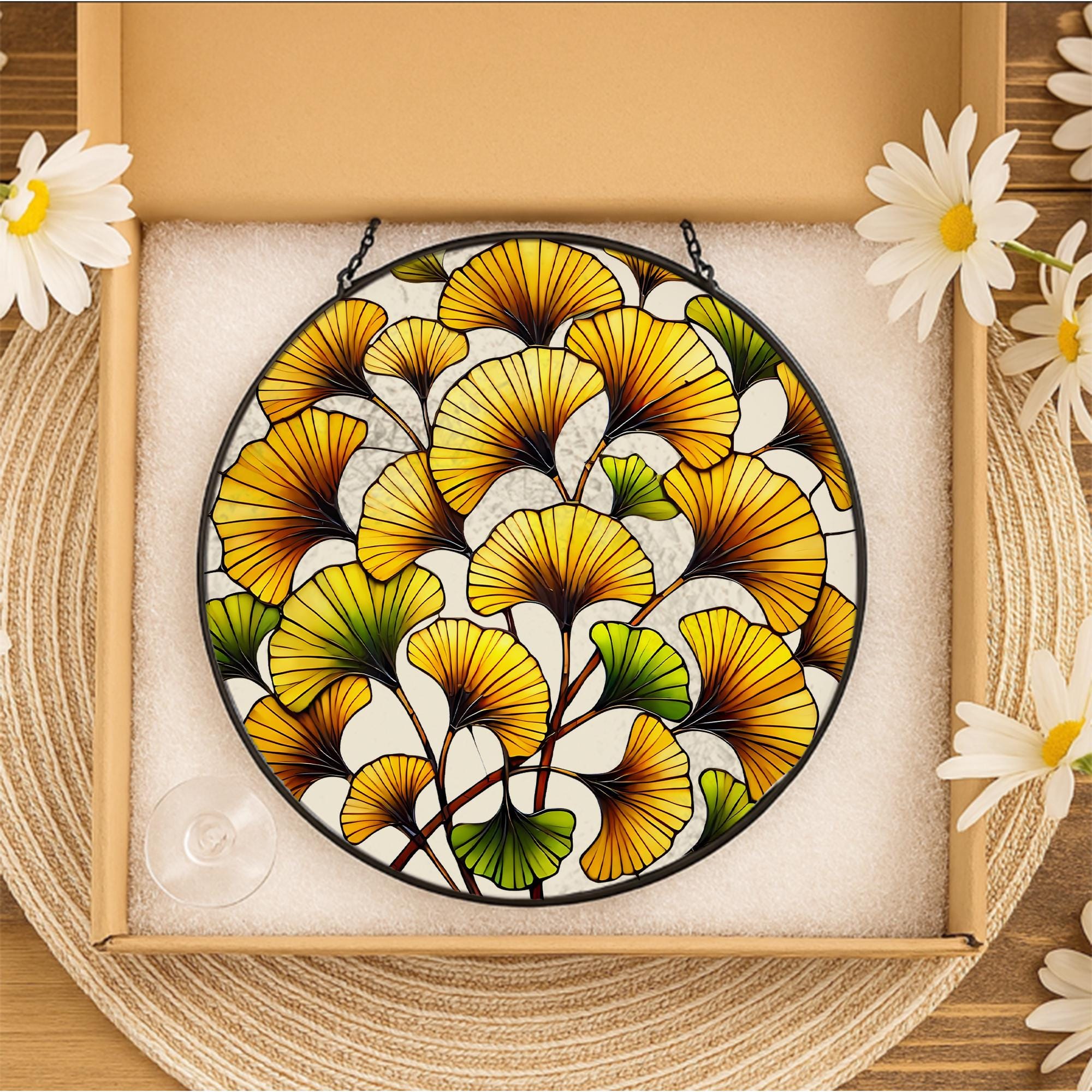 Ginkgo Leaf Glass Suncatcher | Autumn Stained Glass Window Hanging | Fall Home Decor | Yellow Botanical Nature Gift