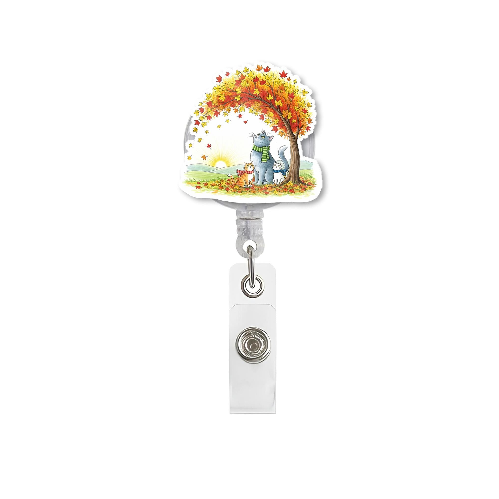 Autumn Cats Retractable ID Badge Reel, Fall Leaves Name Badge Holder, Cute Animal Nurse Lanyard, Vet Tech Office Gift, Clip On Card Holder