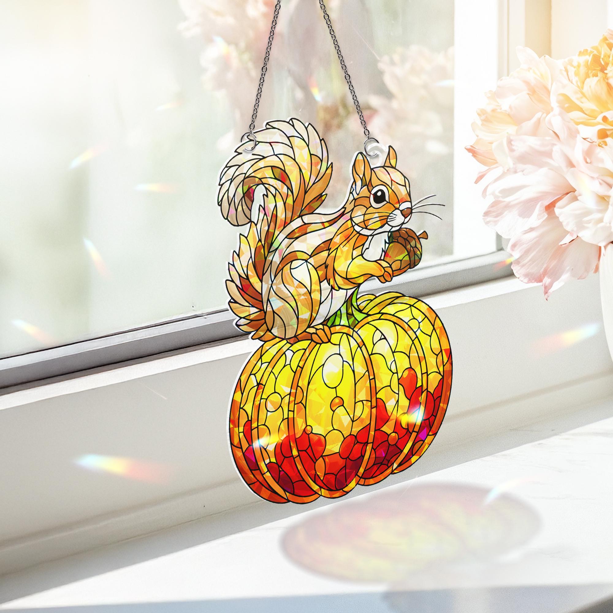 Squirrel Pumpkin Acrylic Window Hanging | Autumn Fall Suncatcher Decor | Cute Animal Window Art for Fall | Seasonal Gift for Nature Lovers