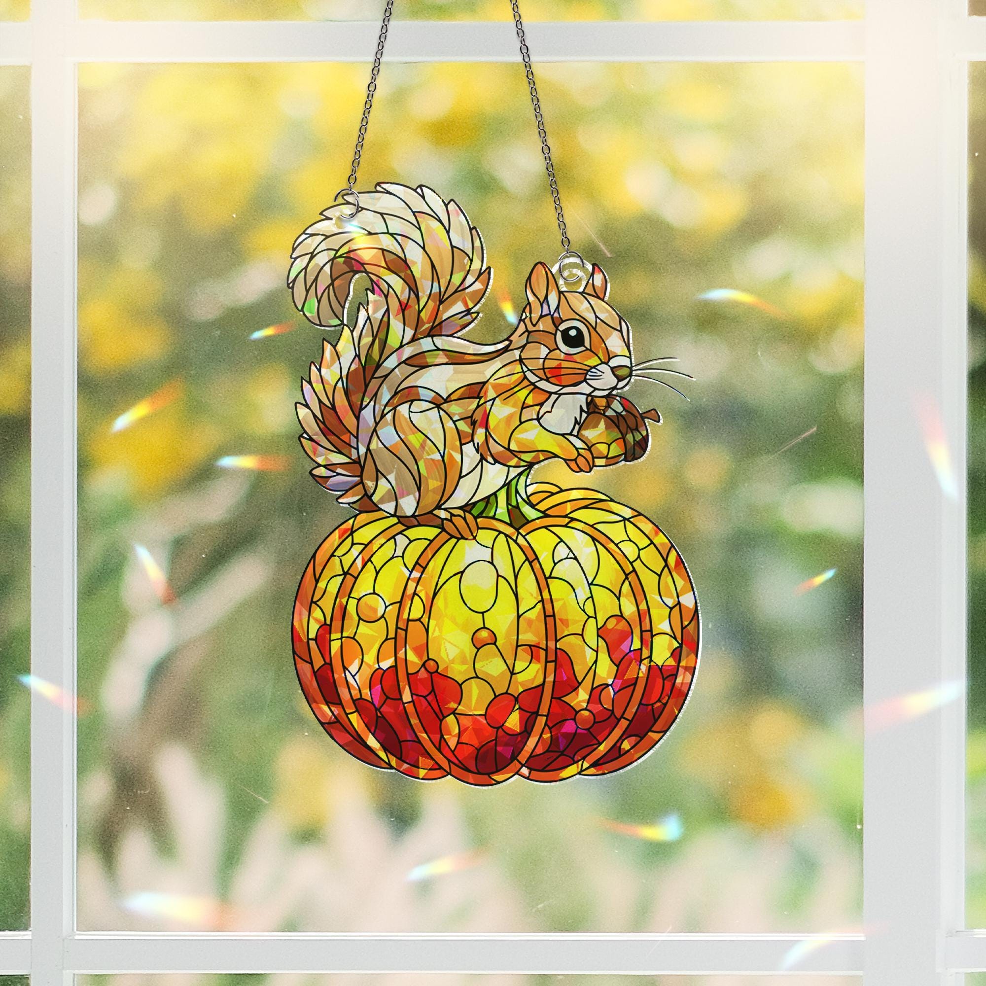 Squirrel Pumpkin Acrylic Window Hanging | Autumn Fall Suncatcher Decor | Cute Animal Window Art for Fall | Seasonal Gift for Nature Lovers