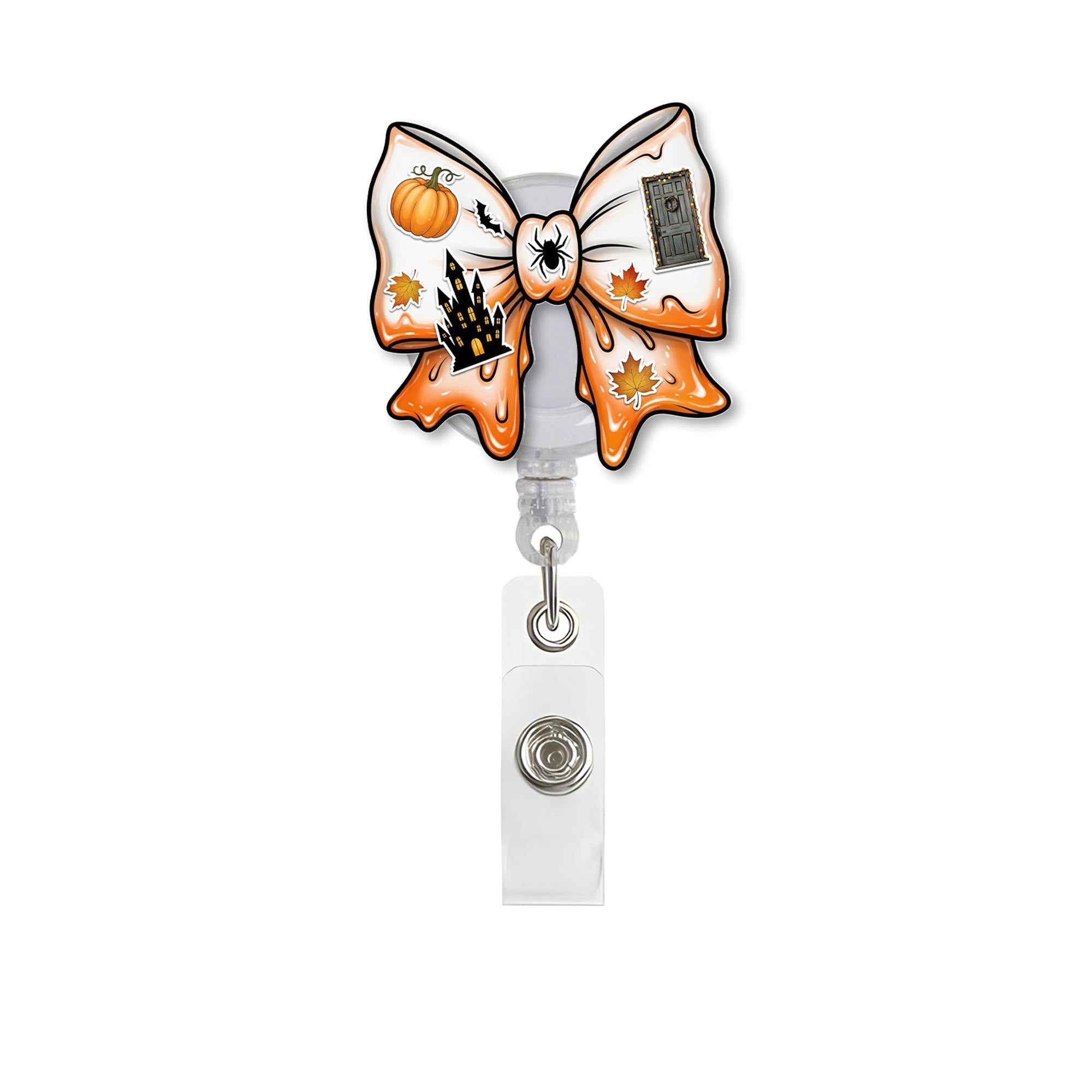 Halloween Bow Retractable ID Badge Holder, Spooky Pumpkin Haunted House Lanyard Reel, Nurse Teacher Gift