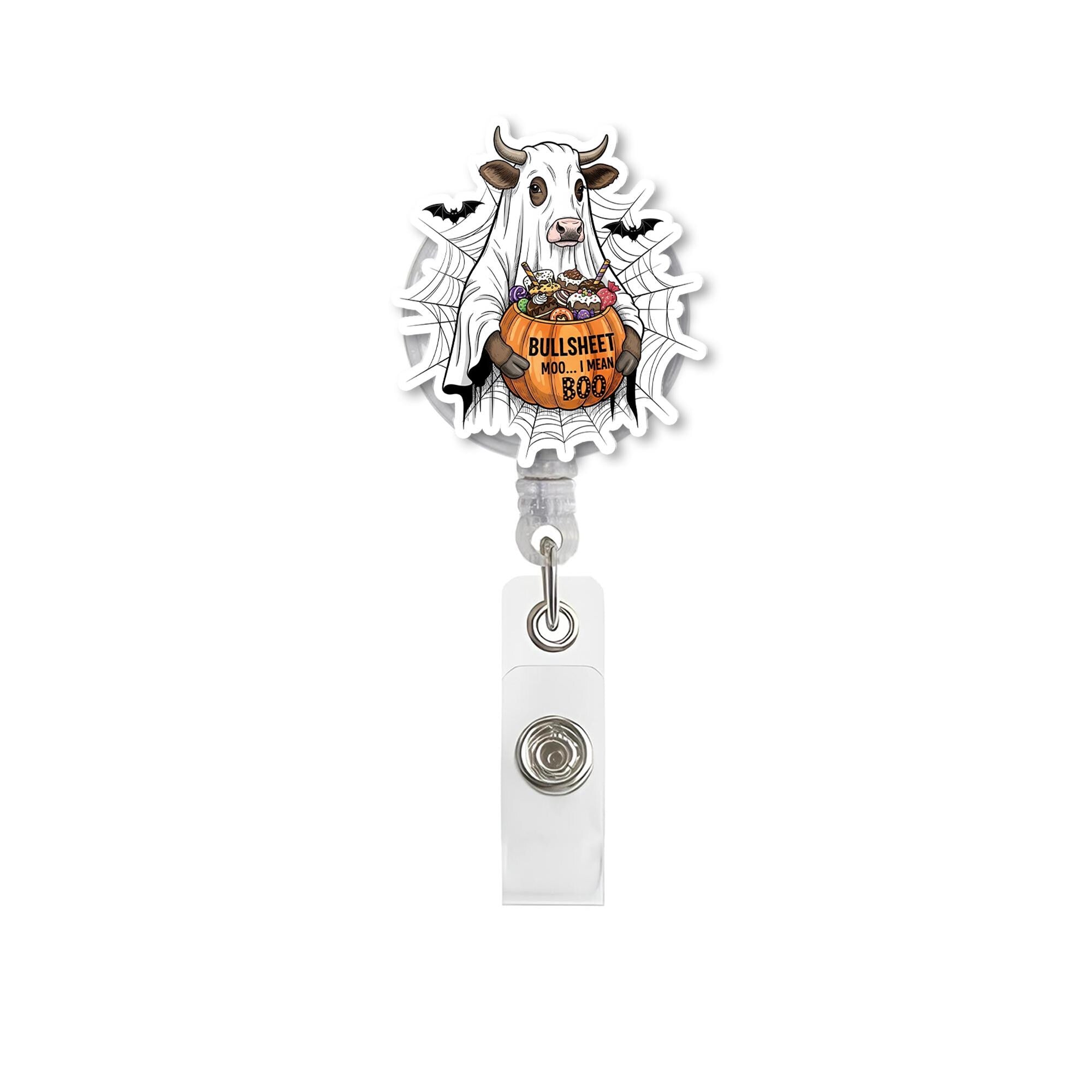 Ghost Cow Halloween Retractable ID Badge Holder, Funny Boo Pumpkin Lanyard Reel, Spooky Nurse Teacher Gift