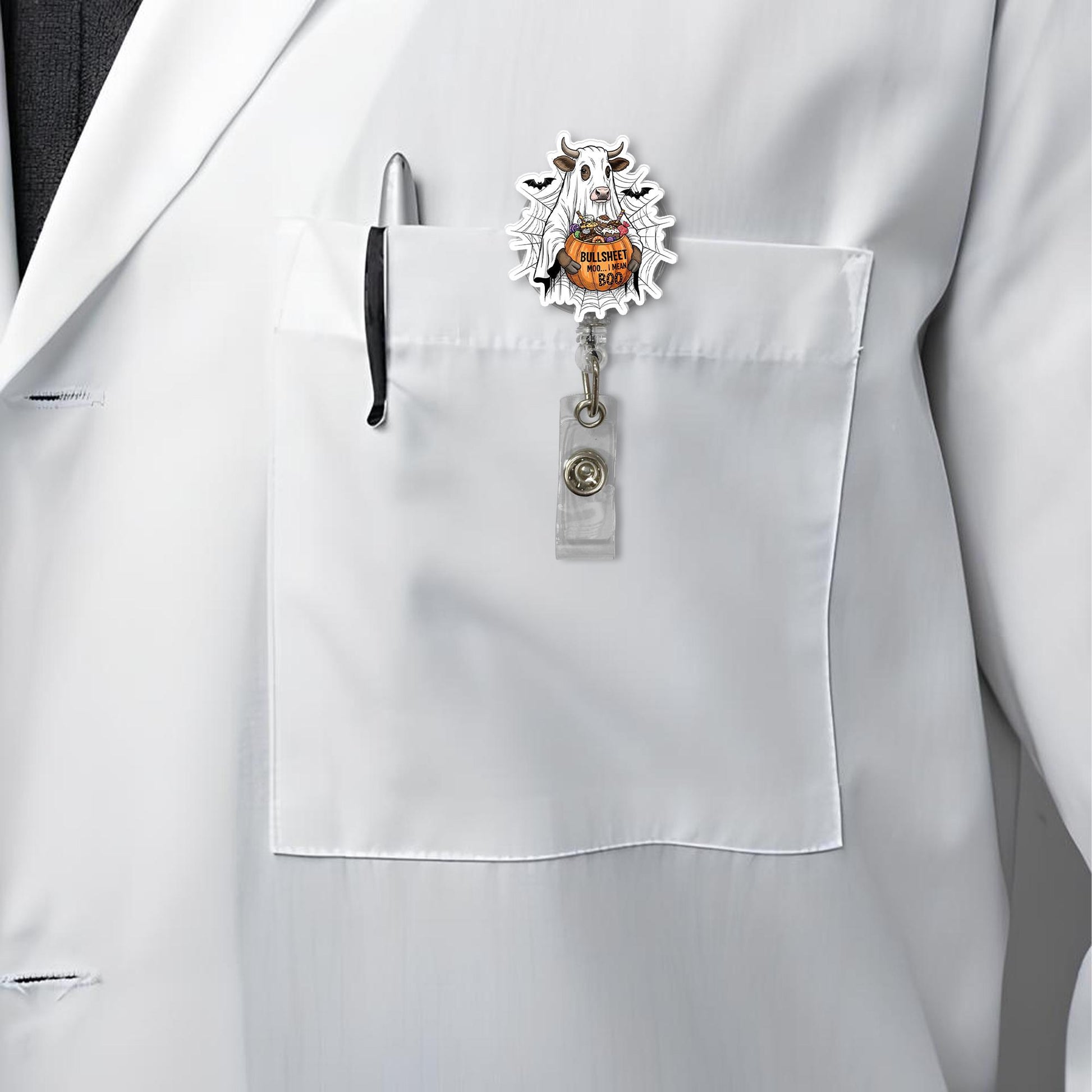 Ghost Cow Halloween Retractable ID Badge Holder, Funny Boo Pumpkin Lanyard Reel, Spooky Nurse Teacher Gift