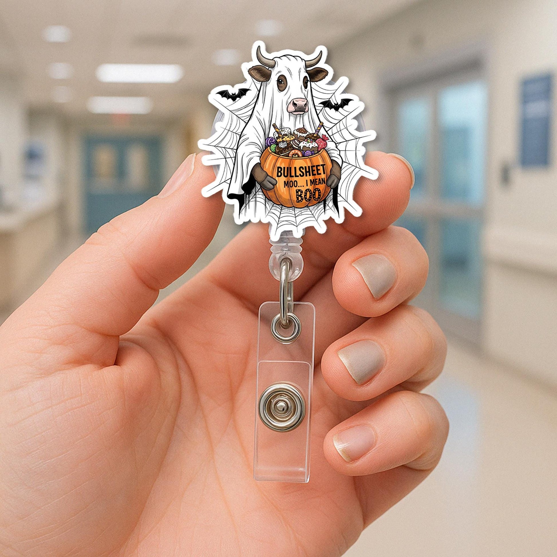 Ghost Cow Halloween Retractable ID Badge Holder, Funny Boo Pumpkin Lanyard Reel, Spooky Nurse Teacher Gift