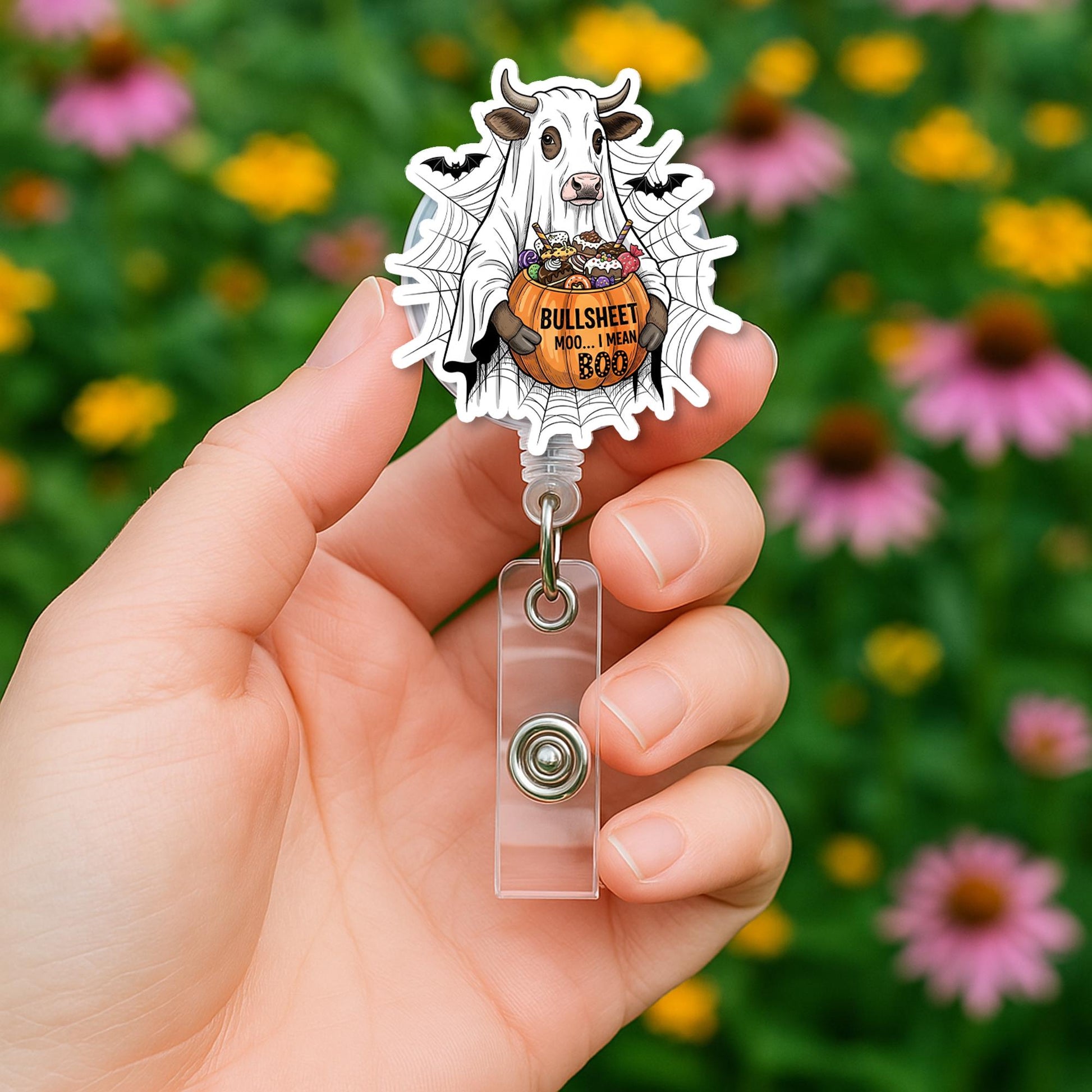Ghost Cow Halloween Retractable ID Badge Holder, Funny Boo Pumpkin Lanyard Reel, Spooky Nurse Teacher Gift
