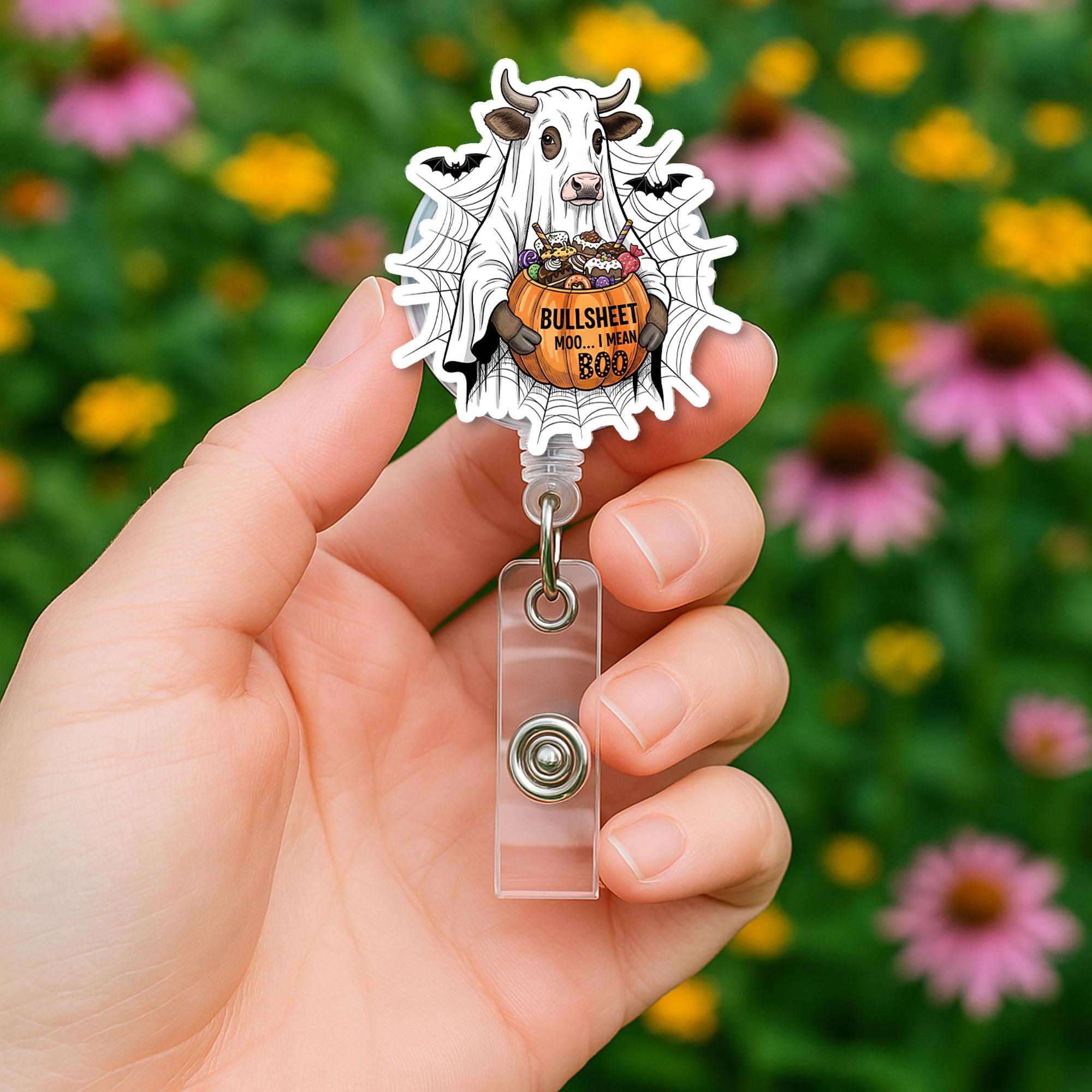 Ghost Cow Halloween Retractable ID Badge Holder, Funny Boo Pumpkin Lanyard Reel, Spooky Nurse Teacher Gift