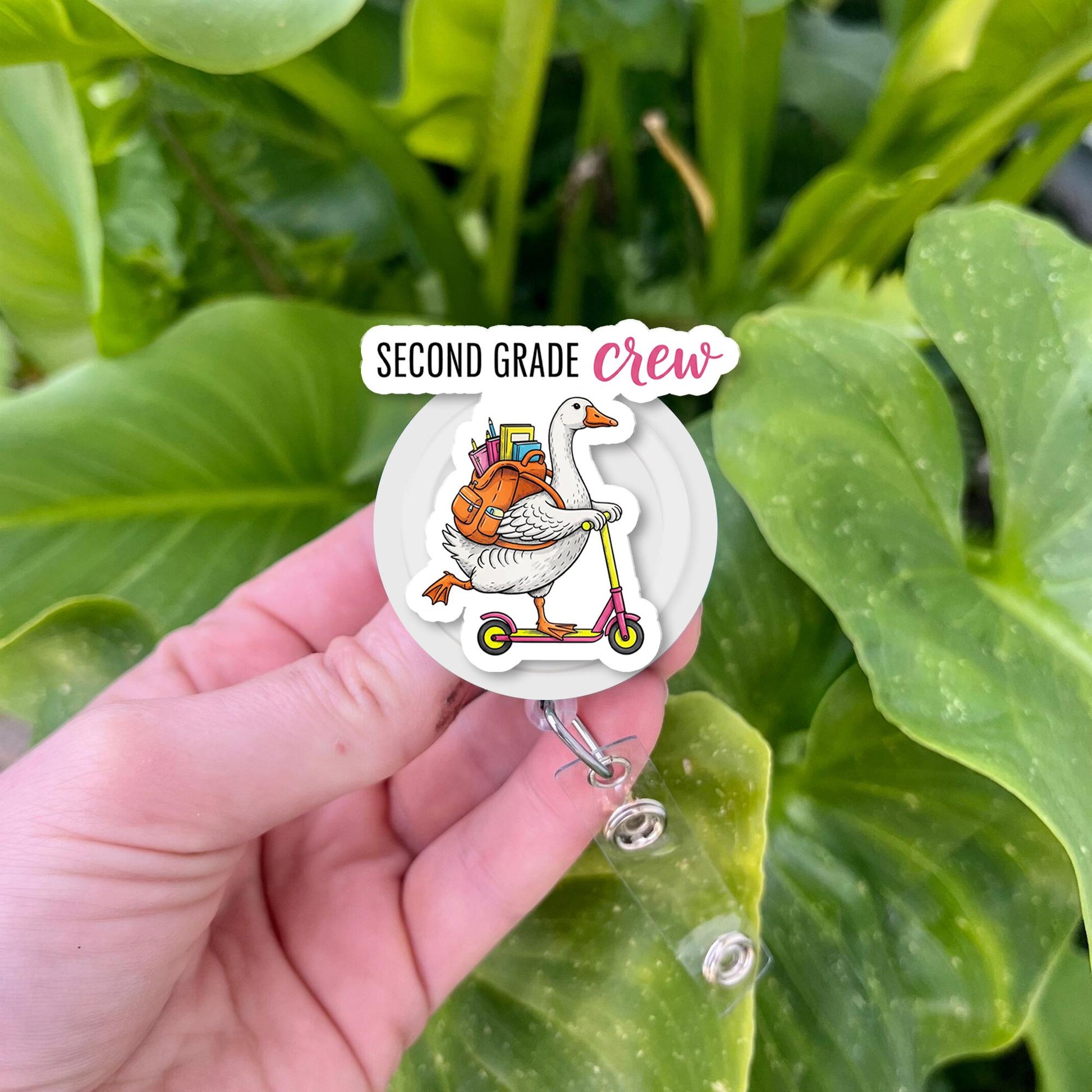 Second Grade Crew Goose Retractable ID Badge Holder, School Teacher Lanyard Reel, Cute Back to School Gift