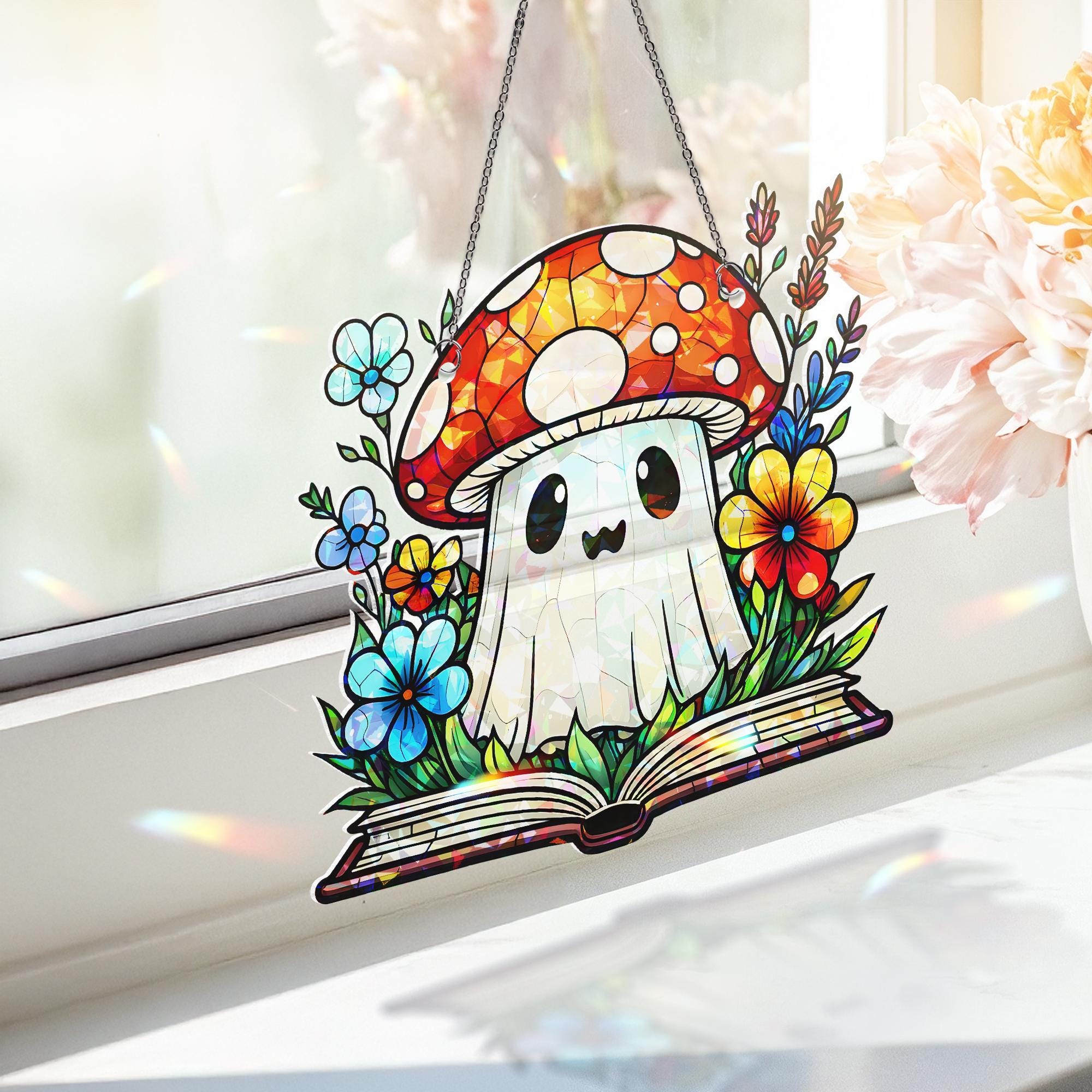 Ghost with Mushroom Hat Acrylic Window Hanging | Cute Autumn Suncatcher | Whimsical Fall Ghost Decor | Spooky Cute Window Art Gift