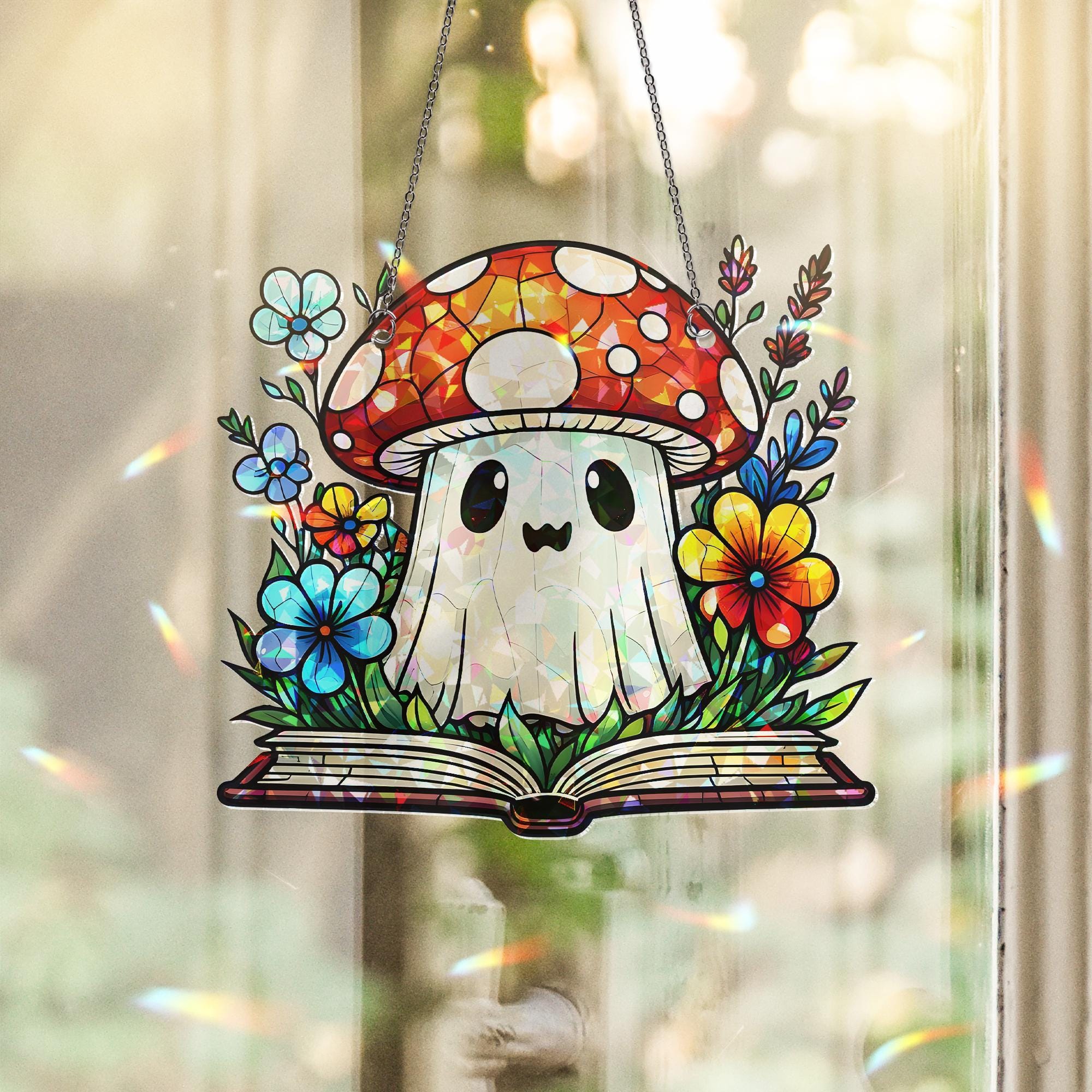 Ghost with Mushroom Hat Acrylic Window Hanging | Cute Autumn Suncatcher | Whimsical Fall Ghost Decor | Spooky Cute Window Art Gift