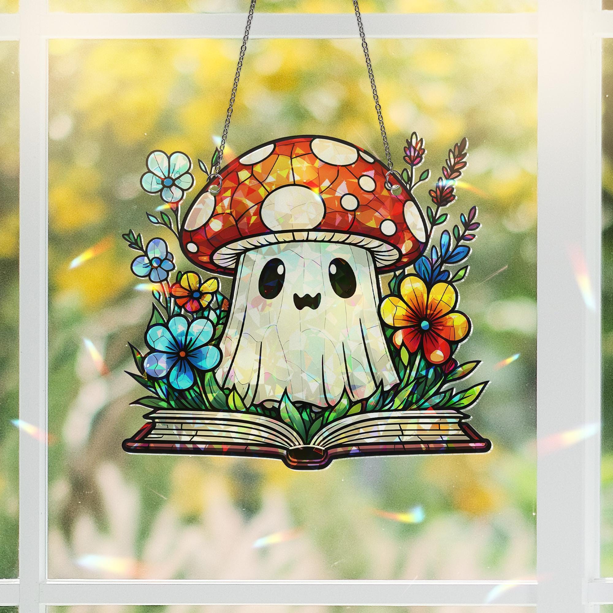 Ghost with Mushroom Hat Acrylic Window Hanging | Cute Autumn Suncatcher | Whimsical Fall Ghost Decor | Spooky Cute Window Art Gift