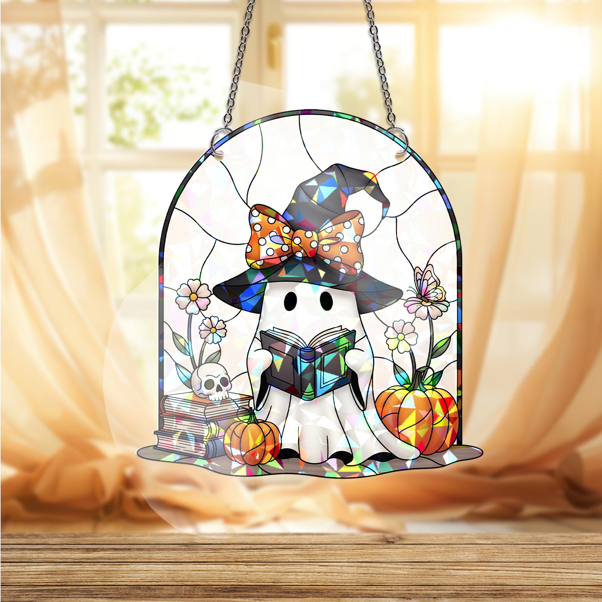 Ghost Reading Book Halloween Stained Glass Window Hanging, Spooky Reader Decor, Cute Witchy Gift, Fall Home Decor