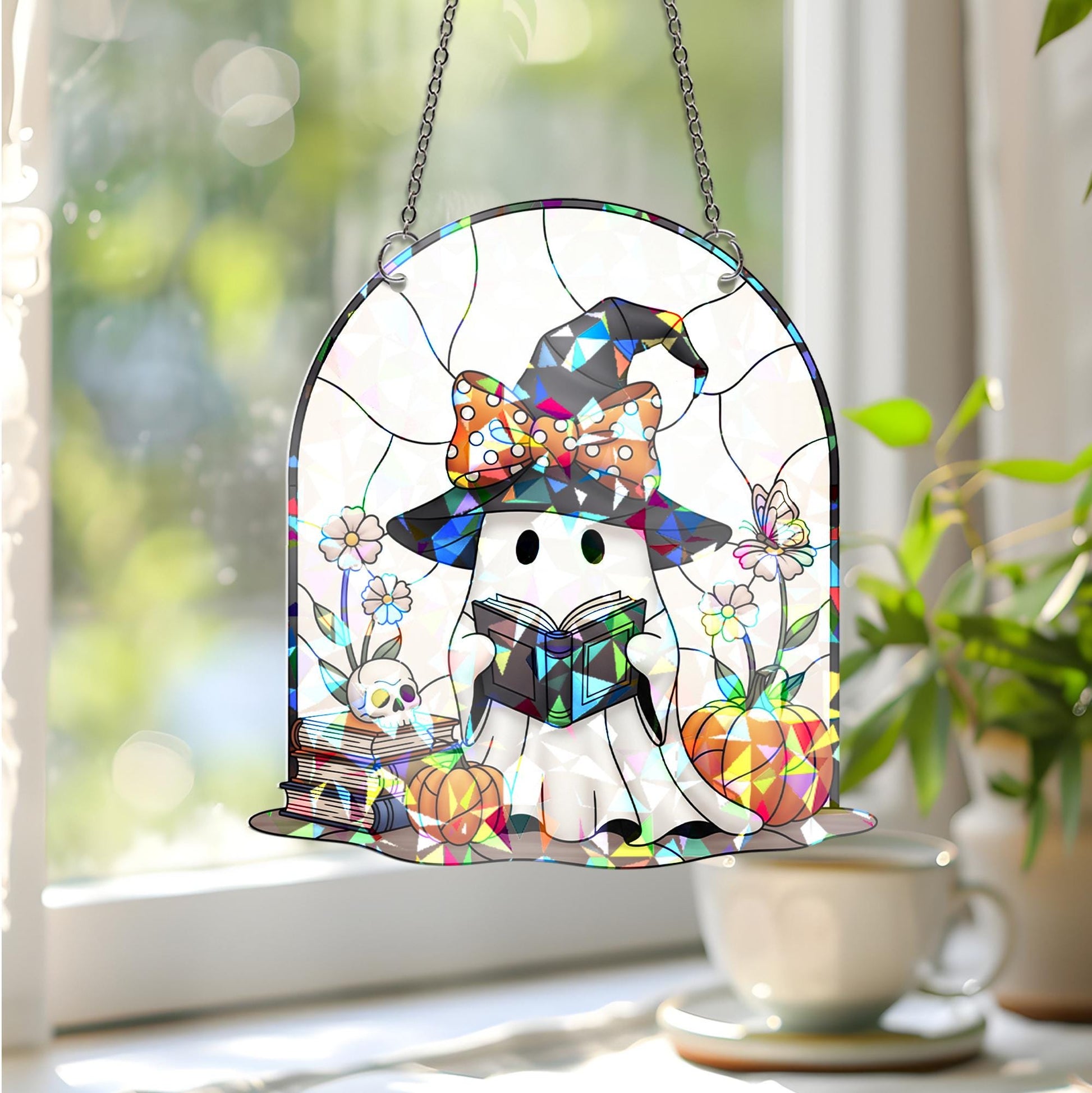 Ghost Reading Book Halloween Stained Glass Window Hanging, Spooky Reader Decor, Cute Witchy Gift, Fall Home Decor