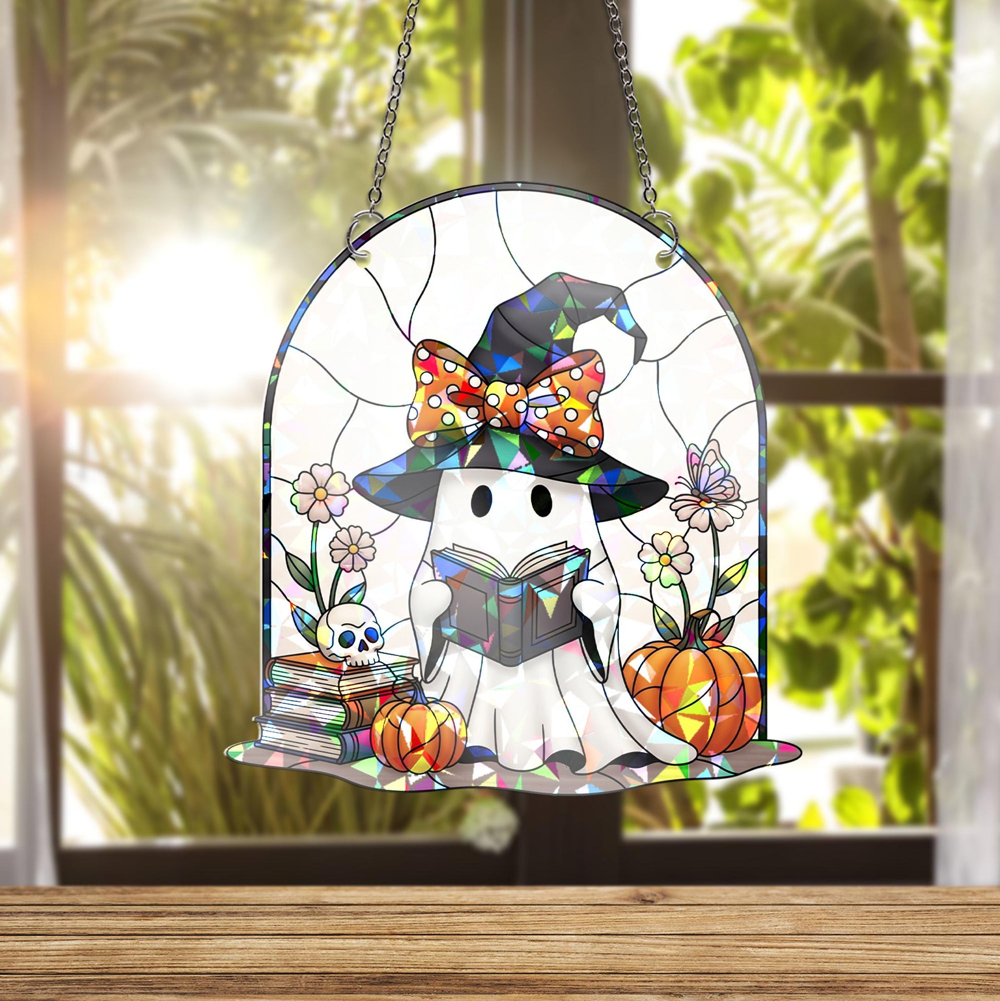Ghost Reading Book Halloween Stained Glass Window Hanging, Spooky Reader Decor, Cute Witchy Gift, Fall Home Decor
