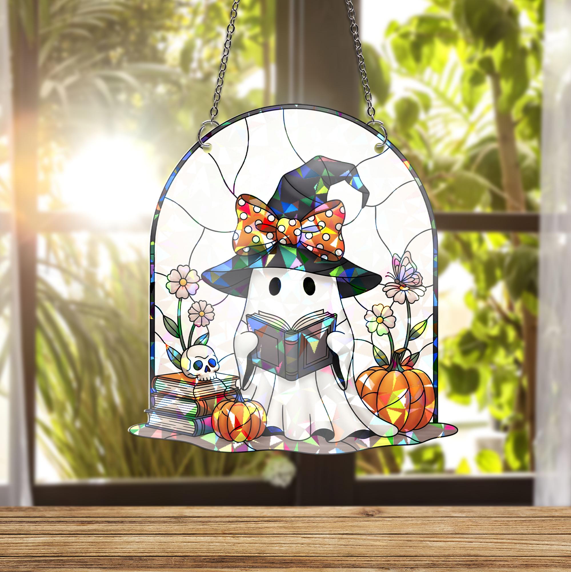 Ghost Reading Book Halloween Stained Glass Window Hanging, Spooky Reader Decor, Cute Witchy Gift, Fall Home Decor
