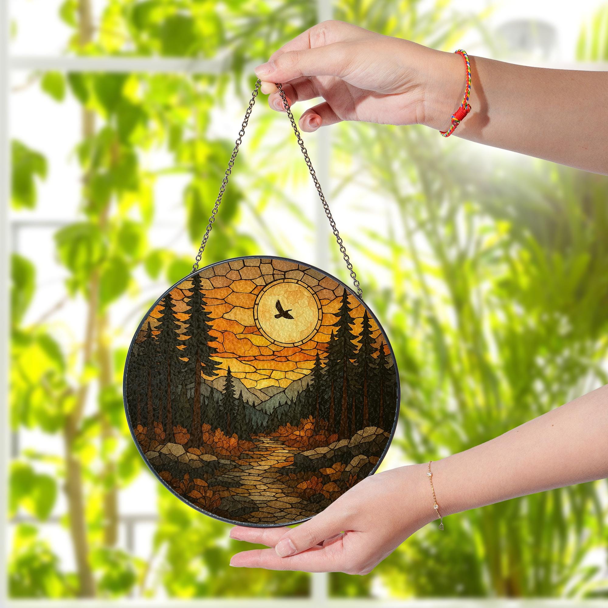 Mountain Forest Glass Suncatcher | Autumn Sunset Window Hanging | Nature Landscape Stained Glass Art | Fall Cabin Decor Gift