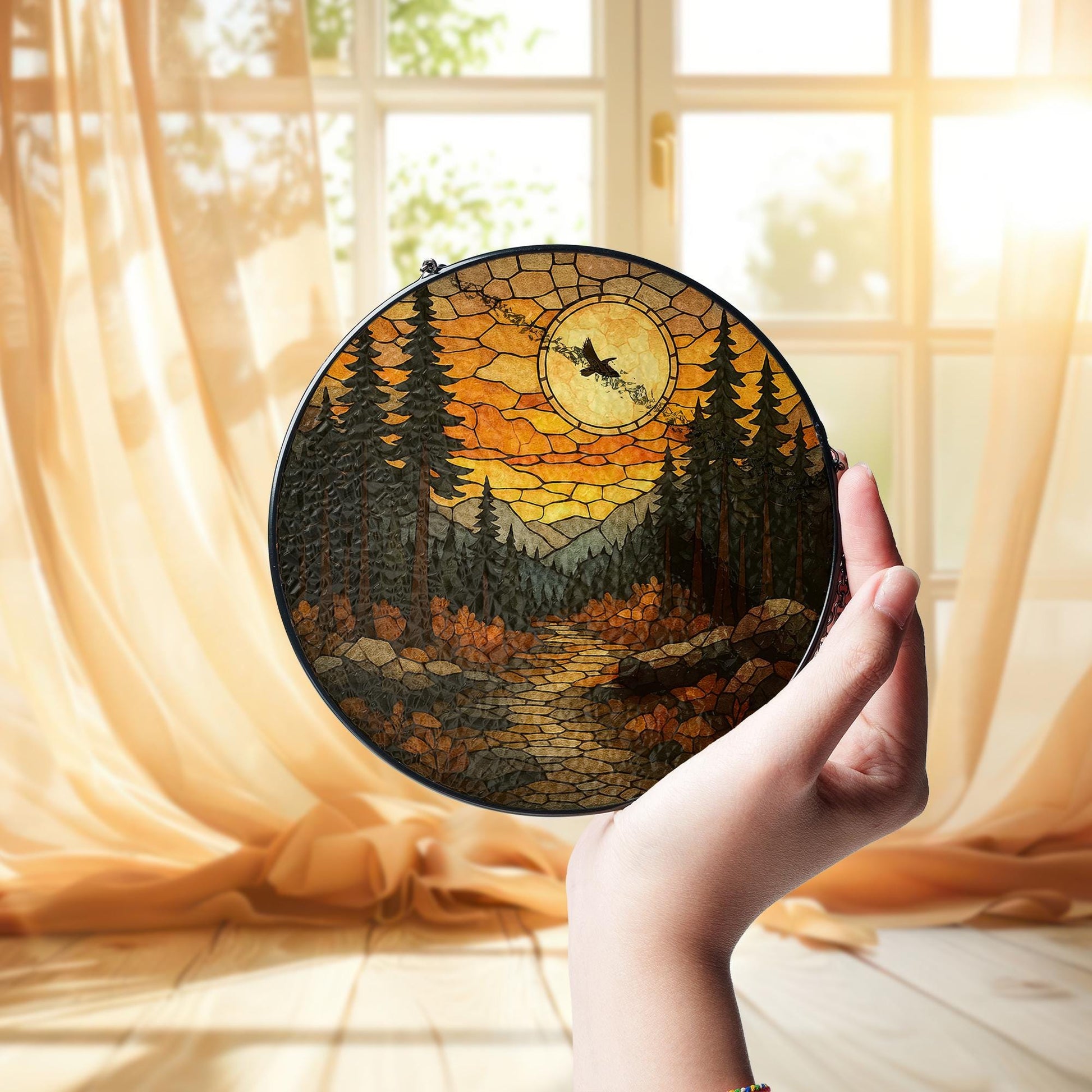 Mountain Forest Glass Suncatcher | Autumn Sunset Window Hanging | Nature Landscape Stained Glass Art | Fall Cabin Decor Gift
