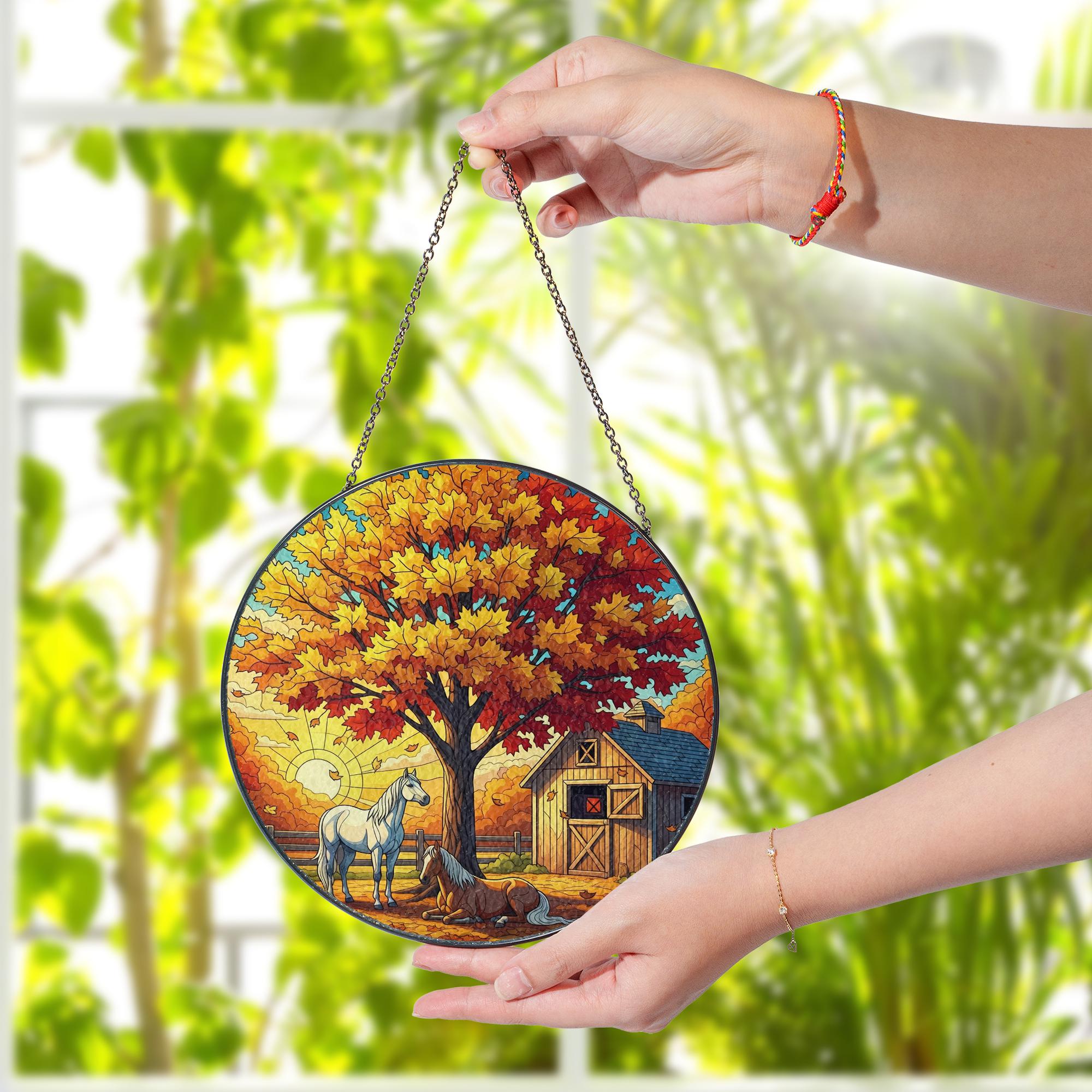 Autumn Horses Stained Glass Suncatcher - Cozy Fall Barn Window Art