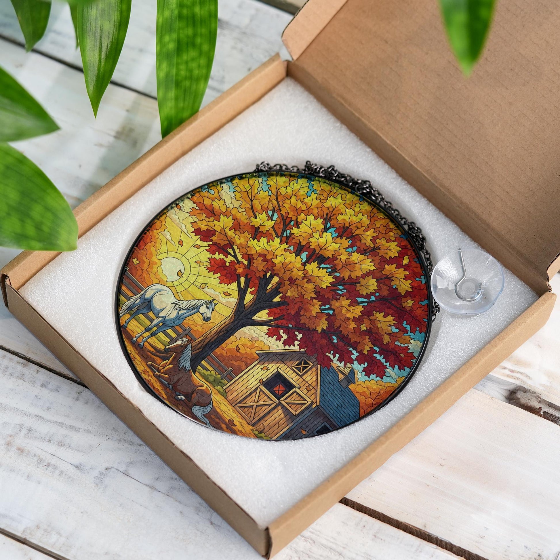 Autumn Horses Stained Glass Suncatcher - Cozy Fall Barn Window Art