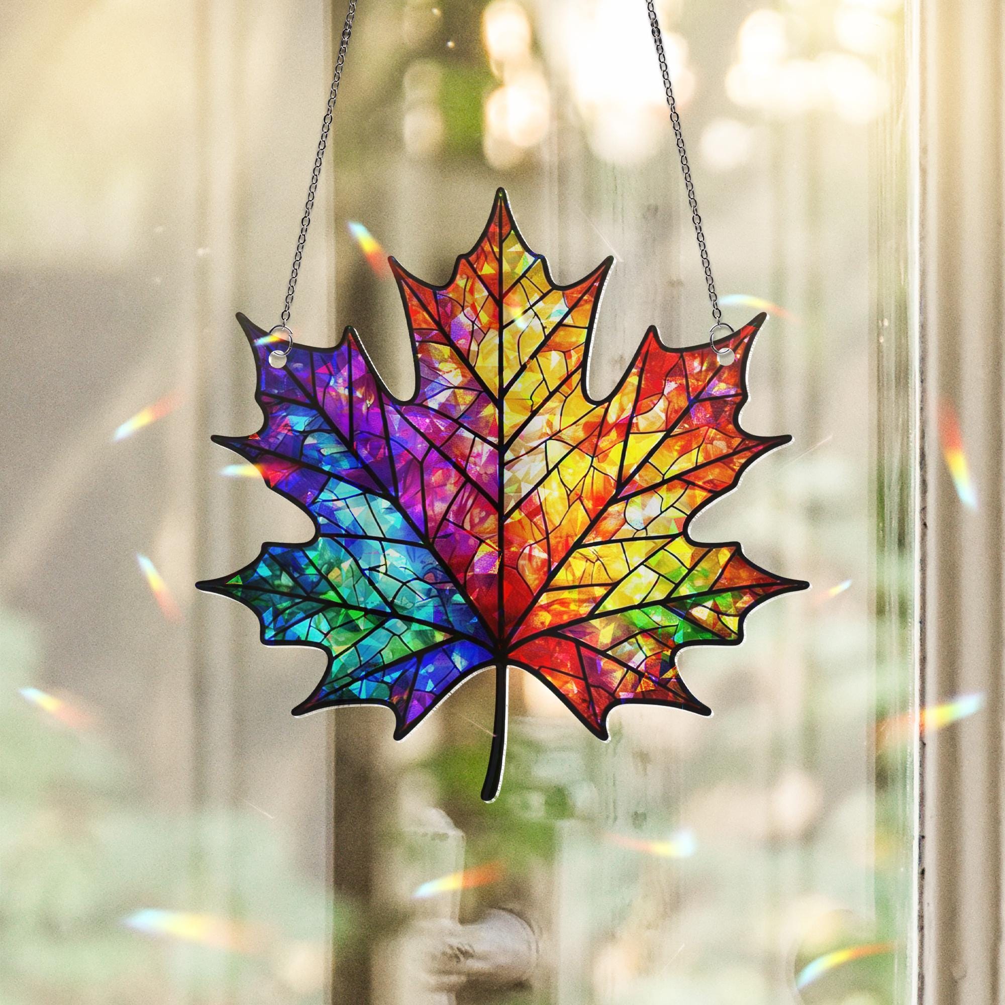 Rainbow Maple Leaf Acrylic Window Hanging | Colorful Autumn Suncatcher Decor | Fall Window Art | Bright Leaf Panel Gift