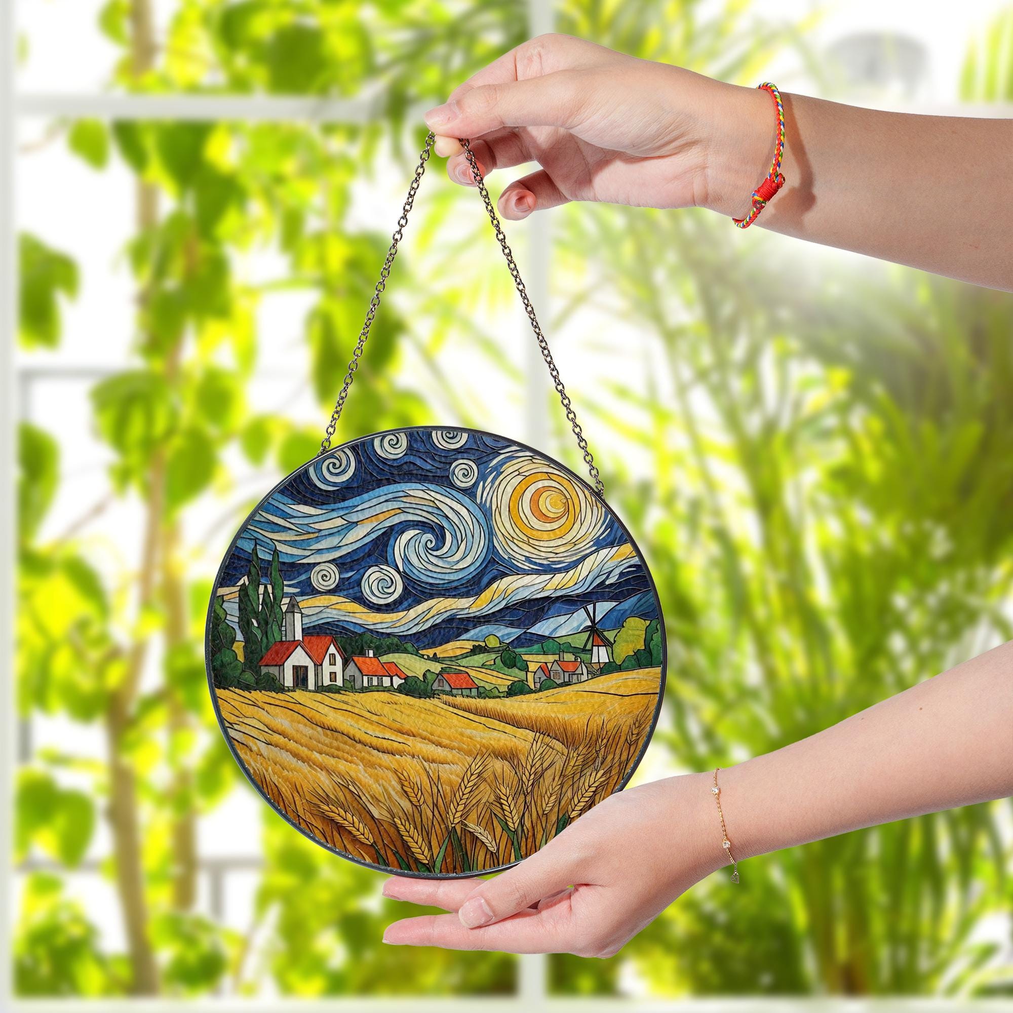 Autumn Village Glass Suncatcher | Fall Wheat Field Window Hanging | Countryside Landscape Glass Art Decor | Rustic Fall Gift