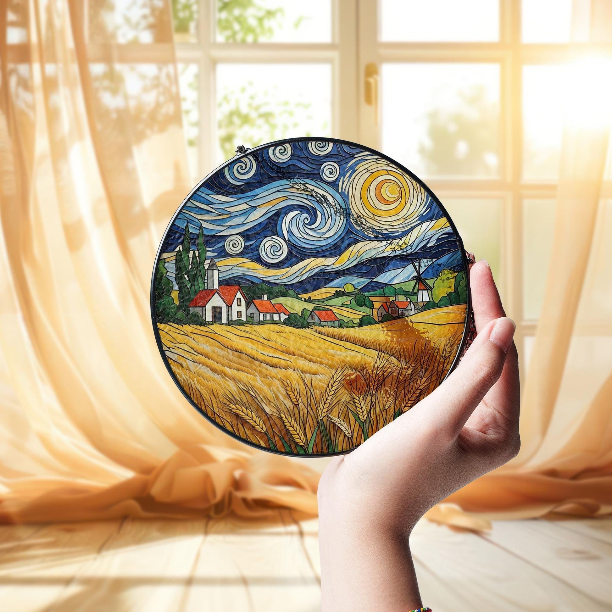Autumn Village Glass Suncatcher | Fall Wheat Field Window Hanging | Countryside Landscape Glass Art Decor | Rustic Fall Gift