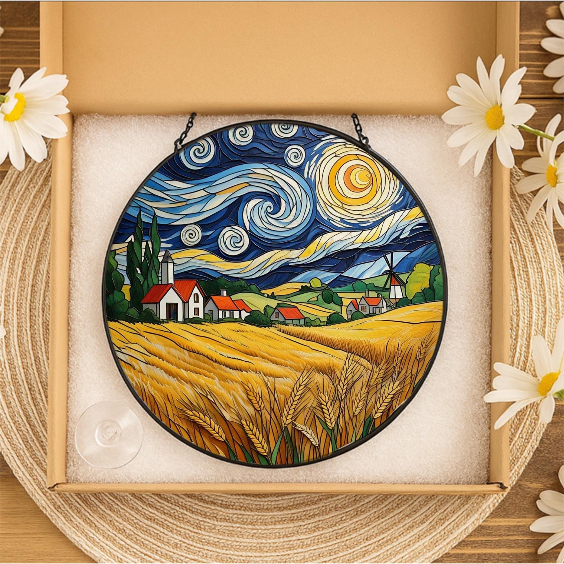 Autumn Village Glass Suncatcher | Fall Wheat Field Window Hanging | Countryside Landscape Glass Art Decor | Rustic Fall Gift