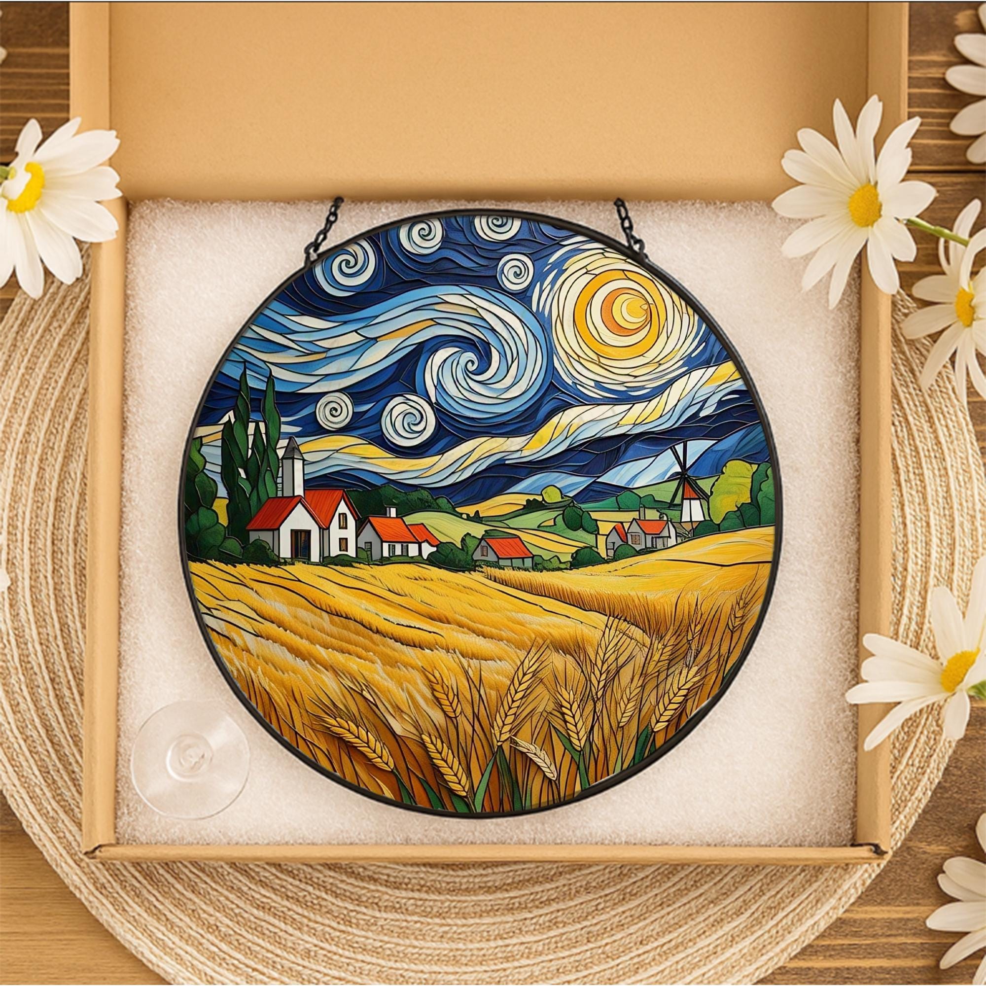 Autumn Village Glass Suncatcher | Fall Wheat Field Window Hanging | Countryside Landscape Glass Art Decor | Rustic Fall Gift