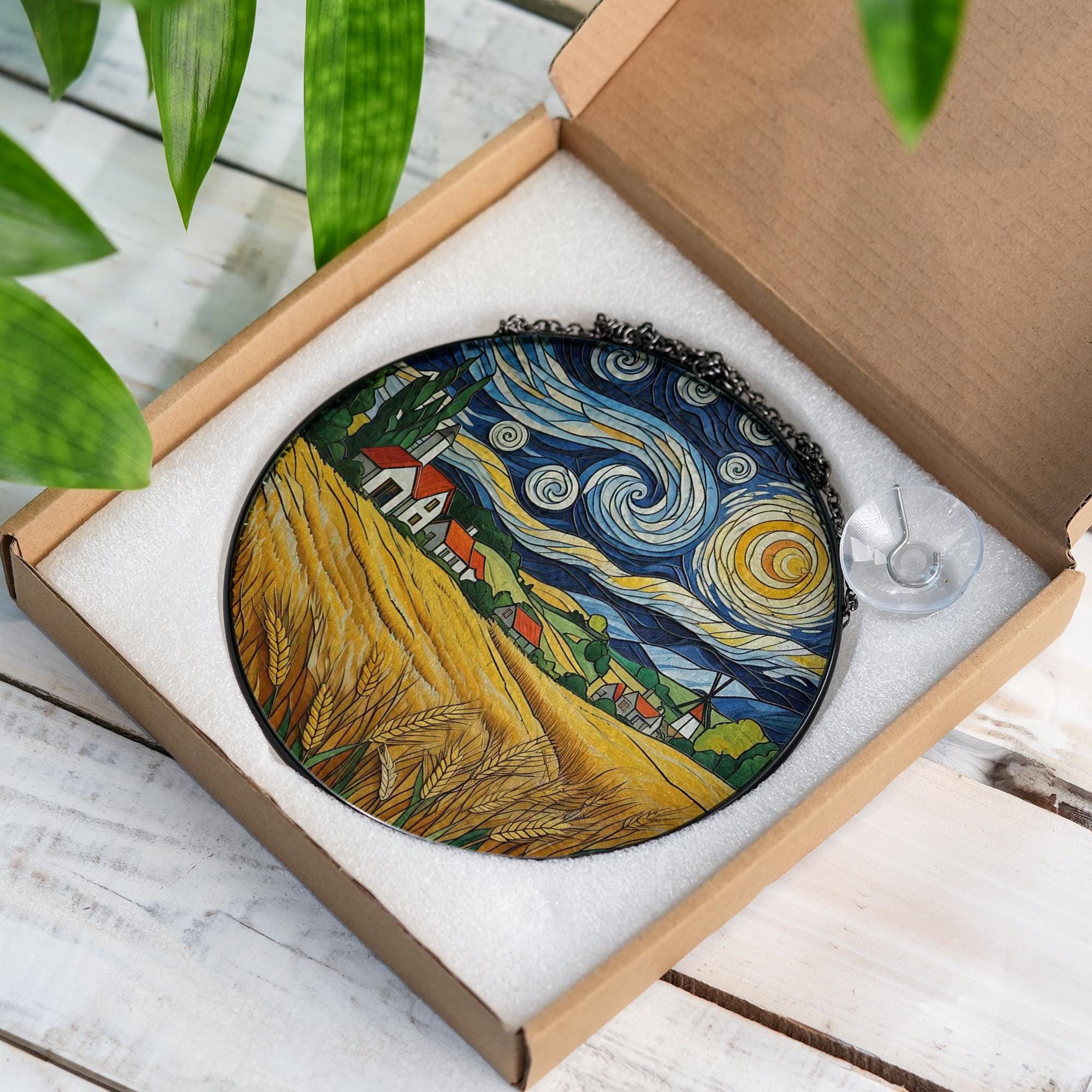 Autumn Village Glass Suncatcher | Fall Wheat Field Window Hanging | Countryside Landscape Glass Art Decor | Rustic Fall Gift