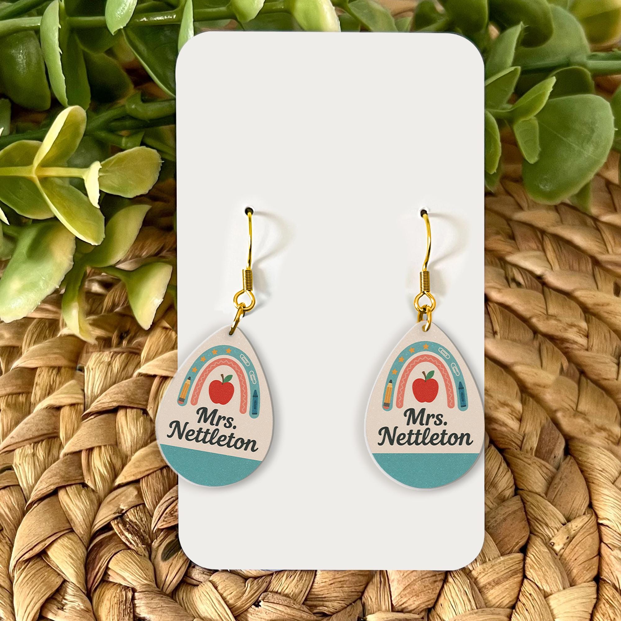 Custom Teacher Name Earrings | Personalized Back to School Jewelry | Apple Rainbow Dangle Earrings | Teacher Gift for Women