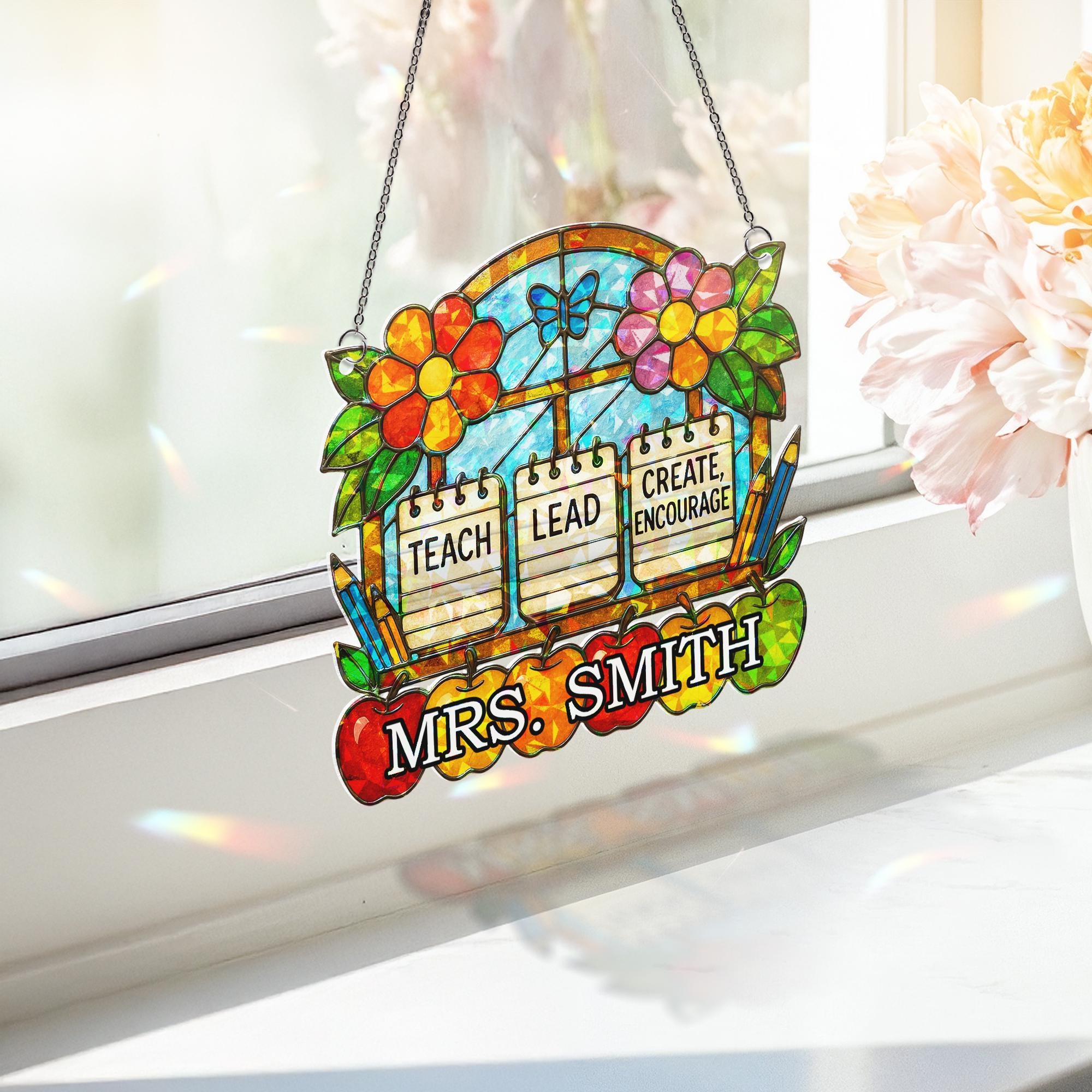 Personalized Teacher Hologram ACRYLIC Window Hanging – Teach Lead Encourage Gift – Classroom Decor – Teacher Custom Name Sign - School Decor
