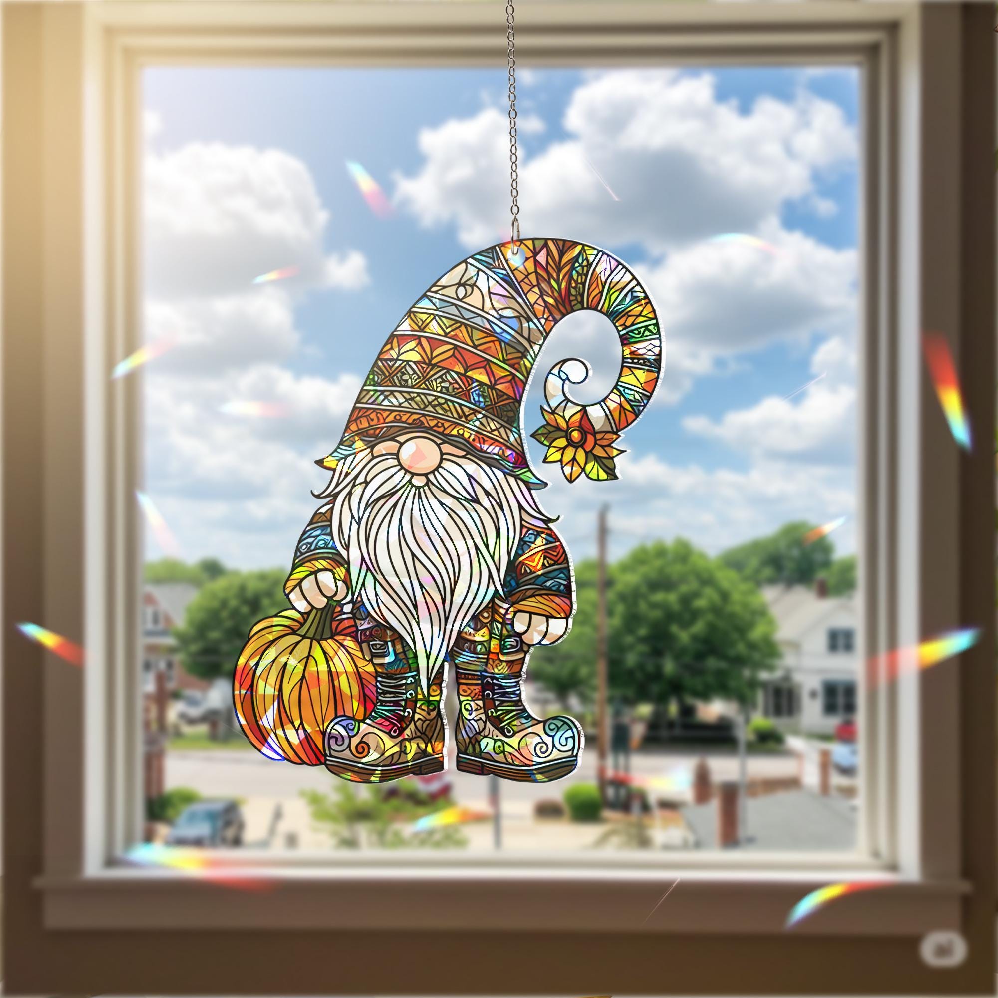 Fall Gnome Suncatcher, Window Decor, Autumn Pumpkin Gnome Ornament, Holographic Acrylic Sun Catcher Gift for mom