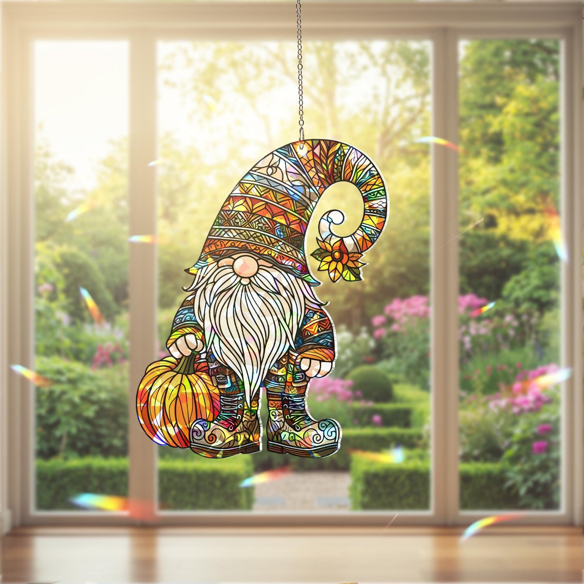 Fall Gnome Suncatcher, Window Decor, Autumn Pumpkin Gnome Ornament, Holographic Acrylic Sun Catcher Gift for mom
