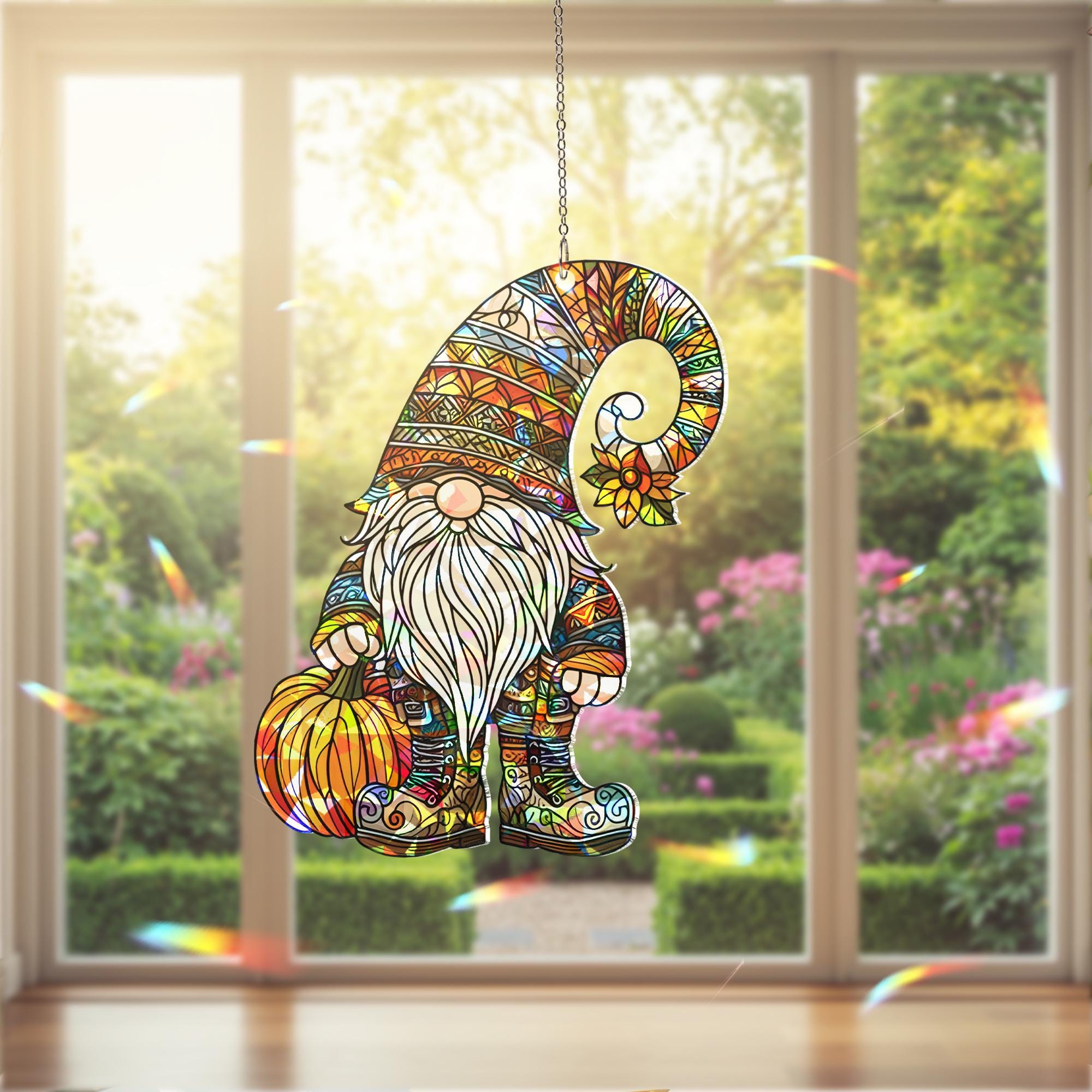 Fall Gnome Suncatcher, Window Decor, Autumn Pumpkin Gnome Ornament, Holographic Acrylic Sun Catcher Gift for mom