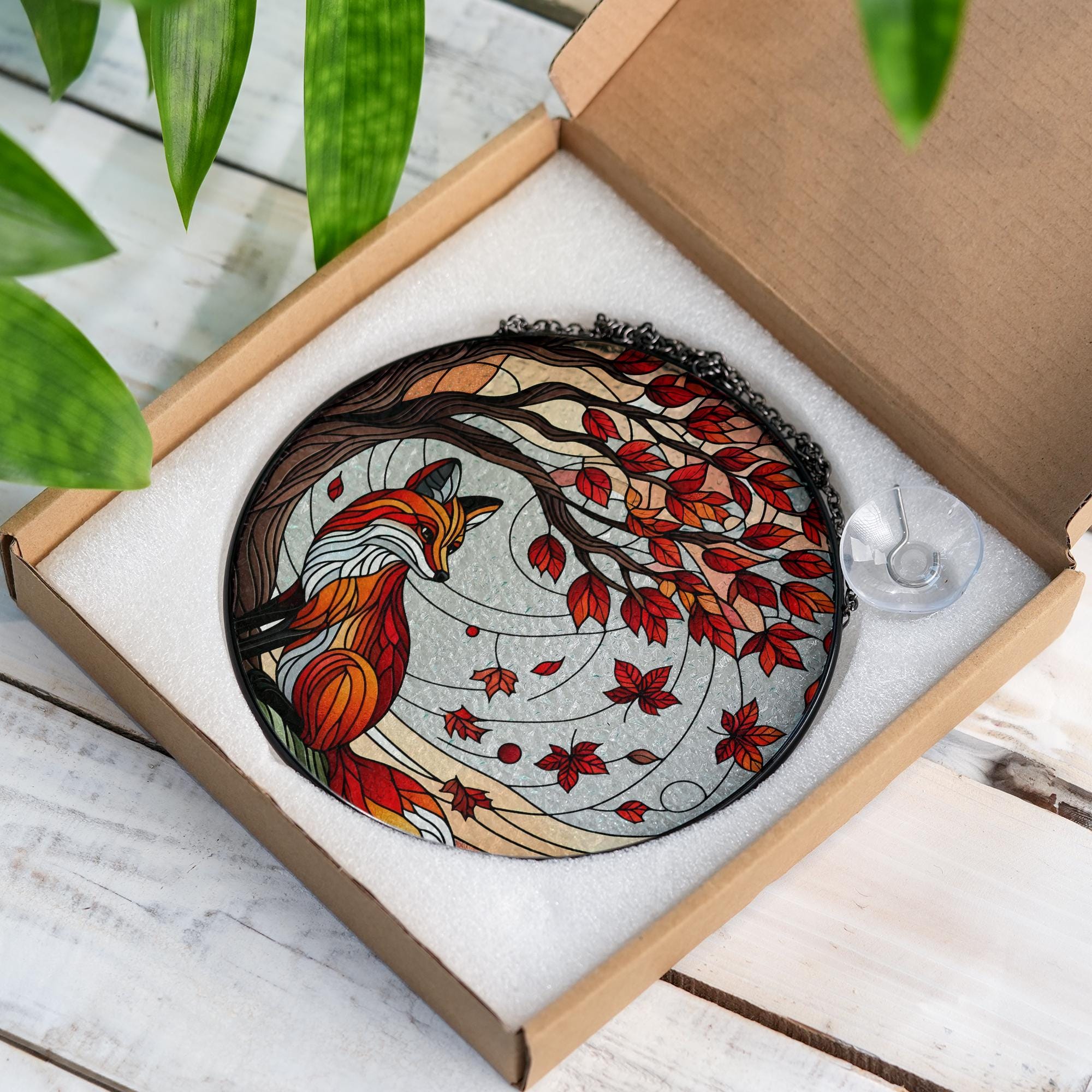 Fox Glass Suncatcher, Autumn Glass Decor, Fall Window Hanging, Woodland Animal Ornament, Red Leaves Fox Sun Catcher