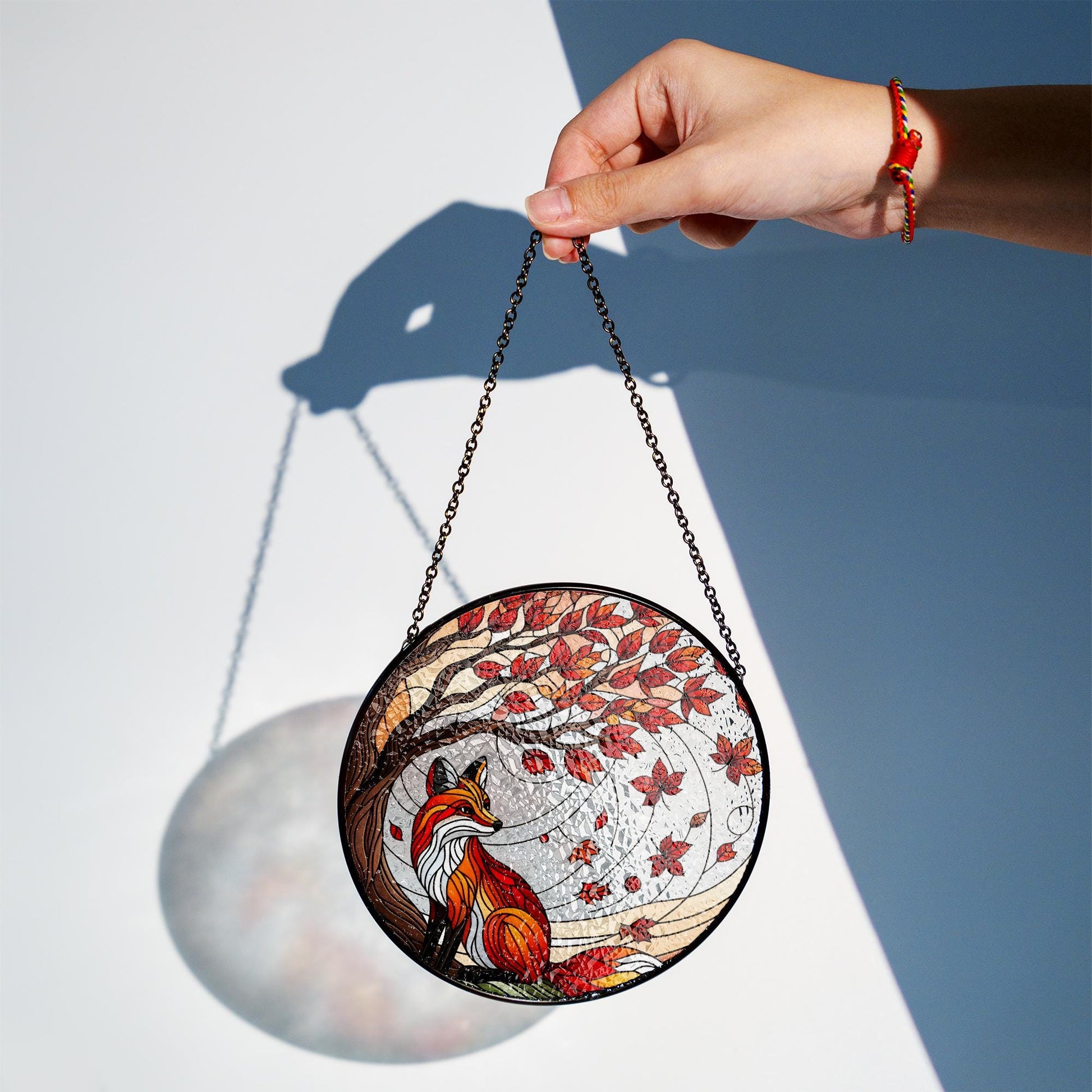 Fox Glass Suncatcher, Autumn Glass Decor, Fall Window Hanging, Woodland Animal Ornament, Red Leaves Fox Sun Catcher