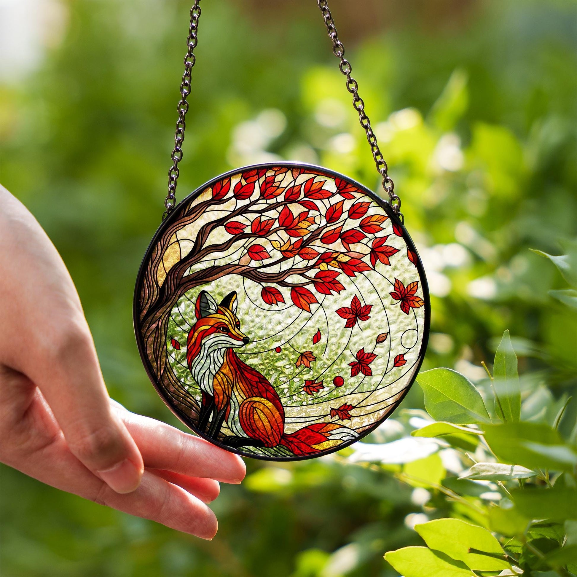 Fox Glass Suncatcher, Autumn Glass Decor, Fall Window Hanging, Woodland Animal Ornament, Red Leaves Fox Sun Catcher