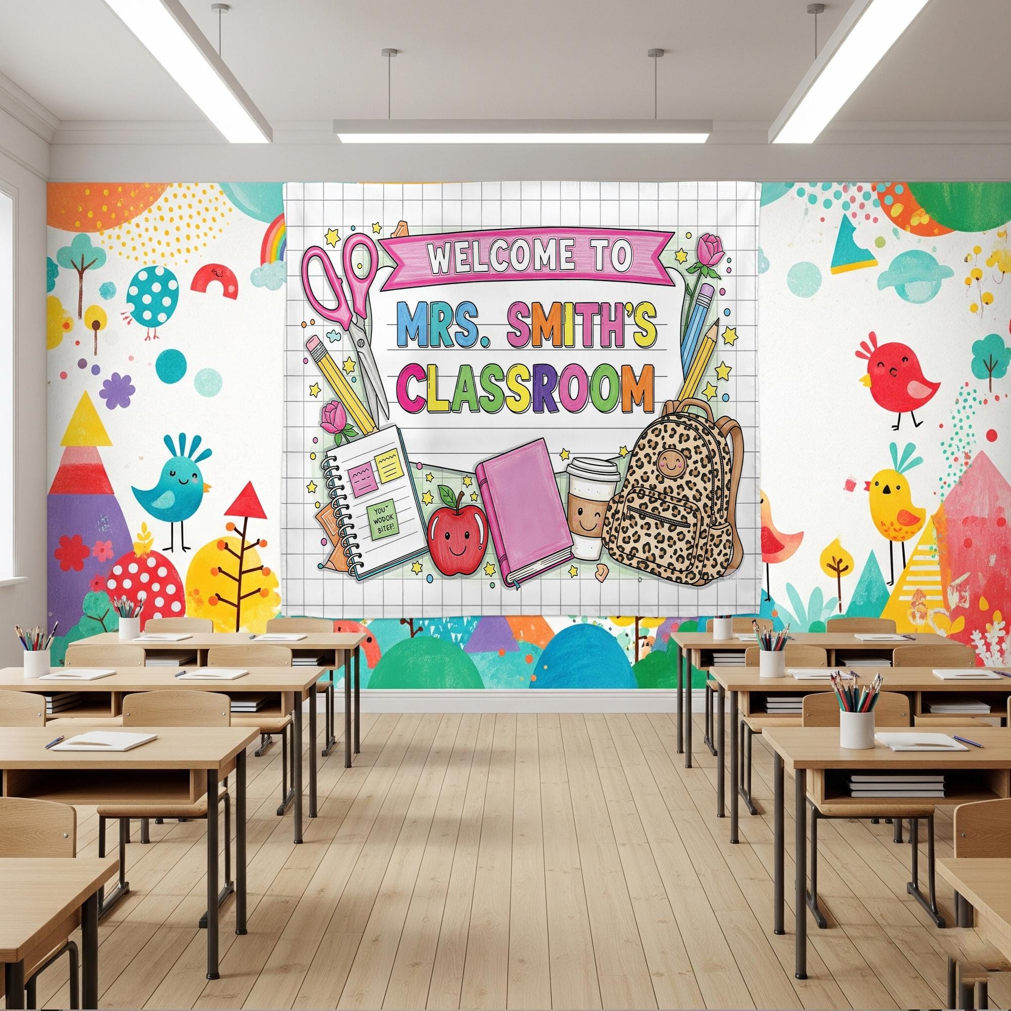 Personalized Classroom Tapestry, Teacher Name Wall Banner, Cute Back to School Decor, Welcome Sign for Classroom,Custom Gift,Classroom Decor