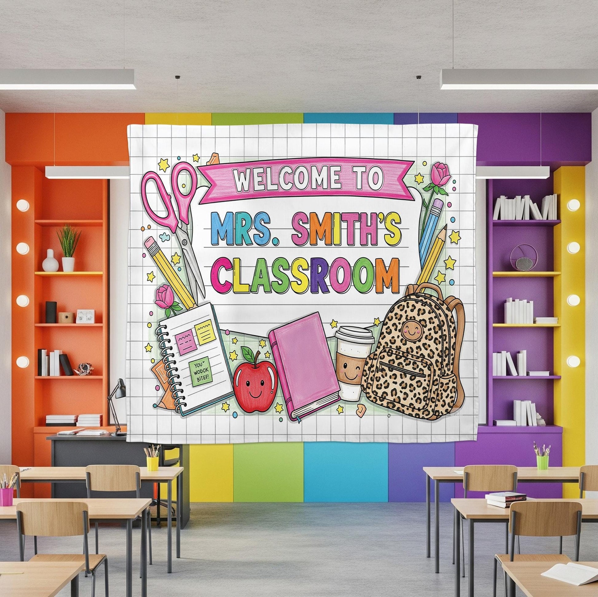 Personalized Classroom Tapestry, Teacher Name Wall Banner, Cute Back to School Decor, Welcome Sign for Classroom,Custom Gift,Classroom Decor